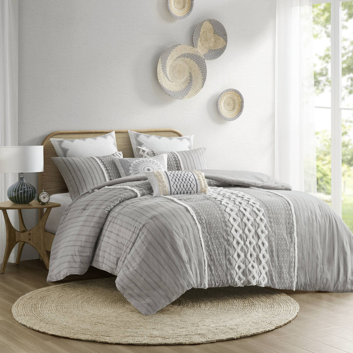 Cotton Printed Comforter Set with Chenille Gray Full/Queen