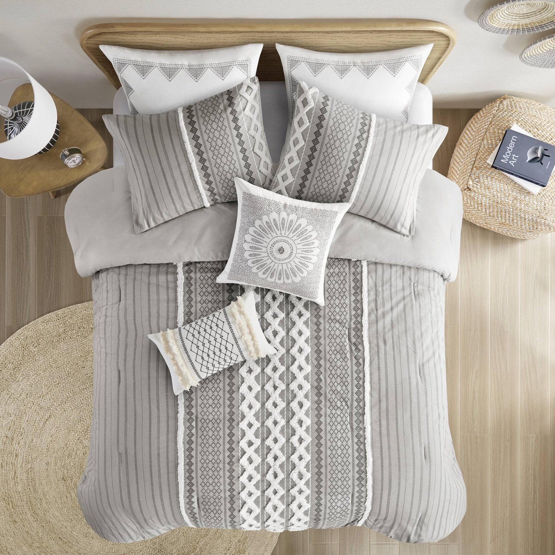 Cotton Printed Comforter Set with Chenille Gray Full/Queen