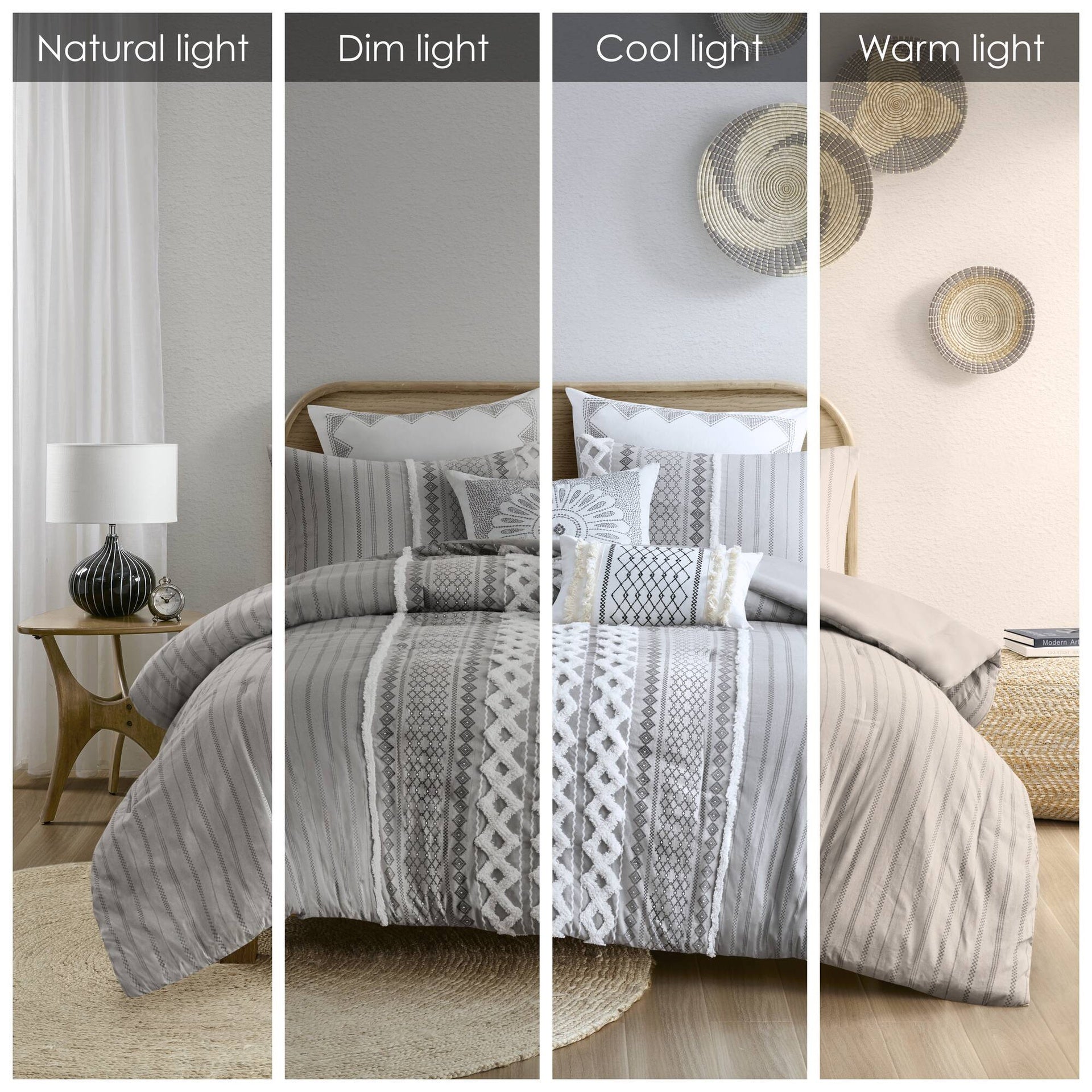 Cotton Printed Comforter Set with Chenille Gray Full/Queen