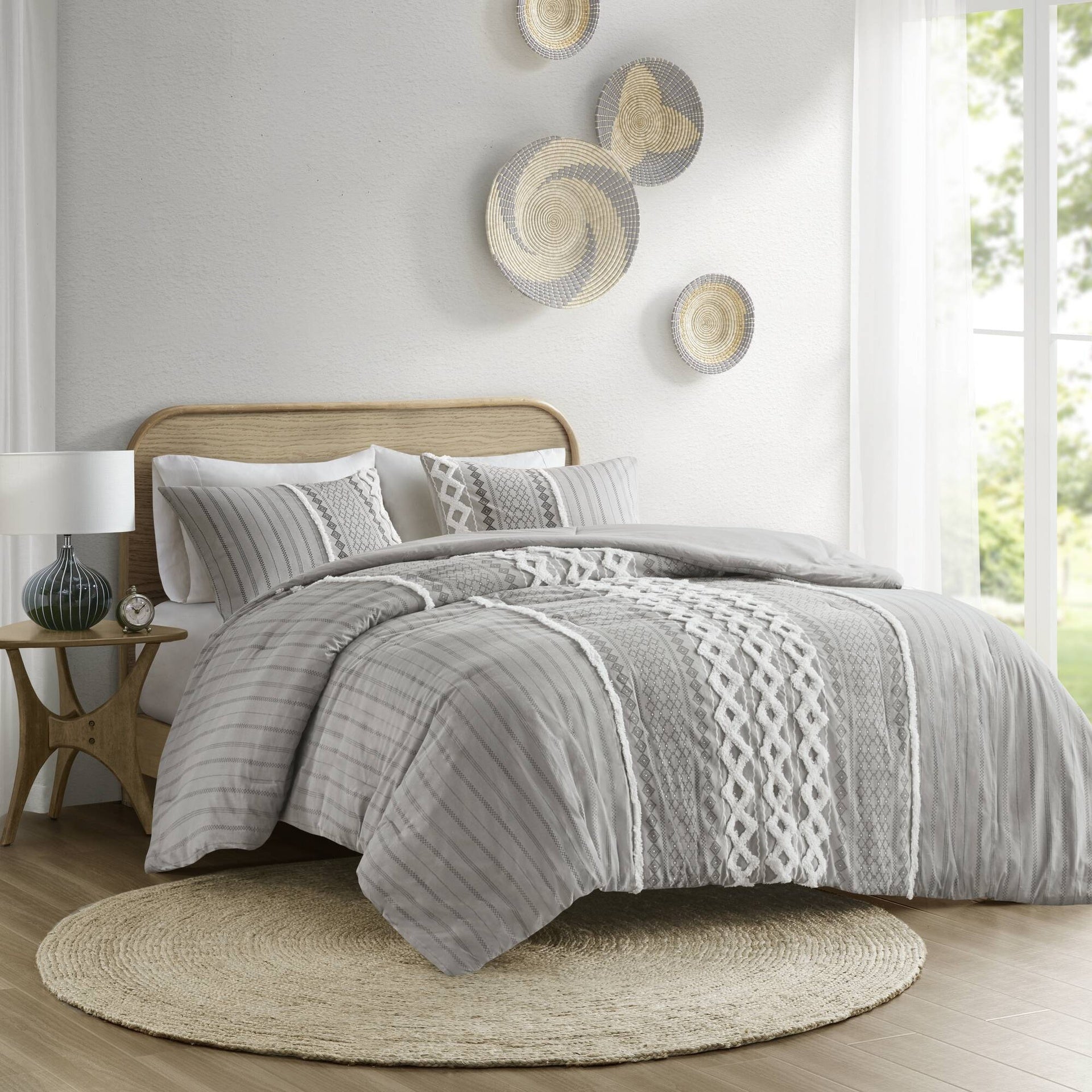 Cotton Printed Comforter Set with Chenille Gray Full/Queen
