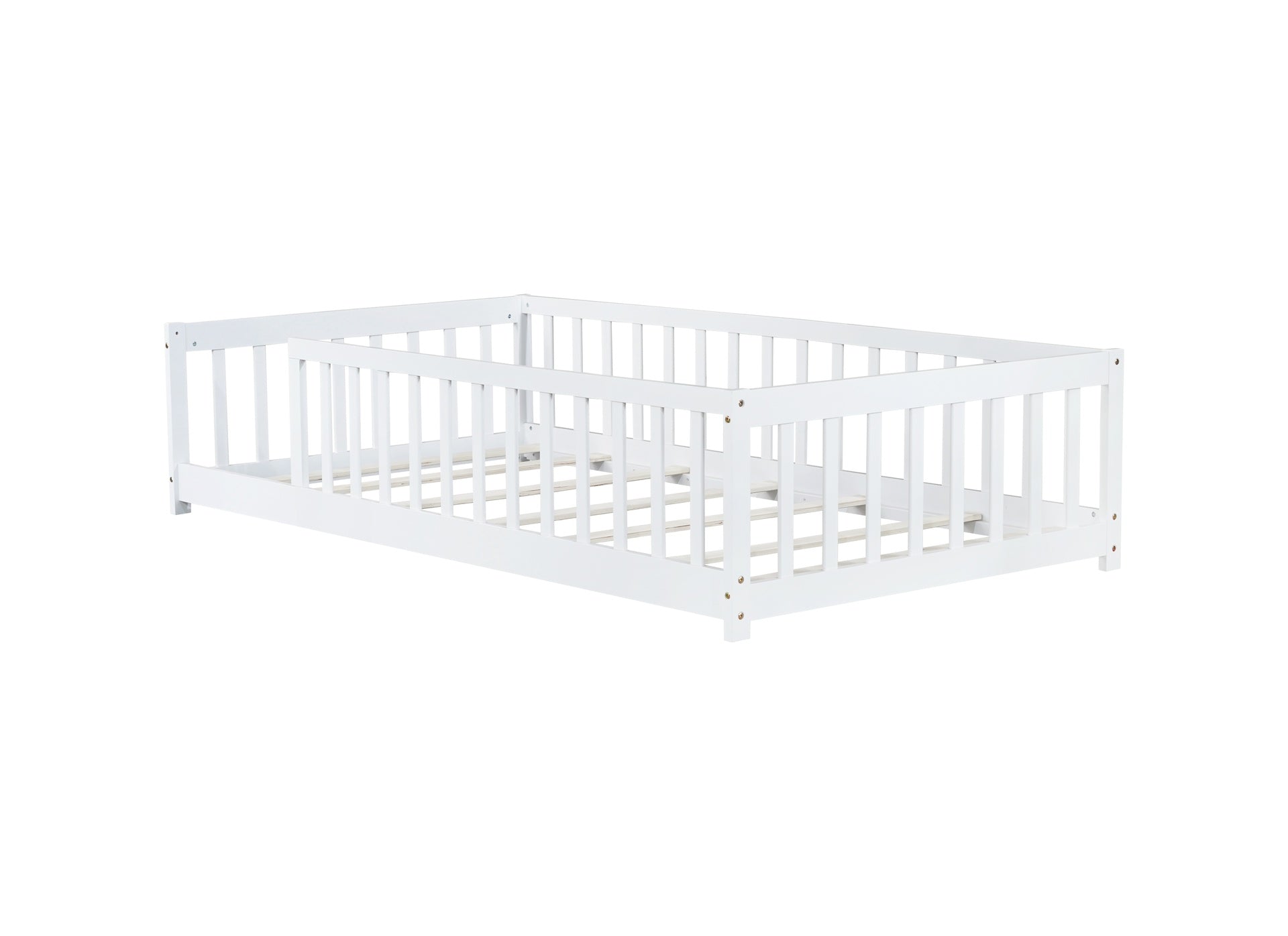 Twin Size Floor Bed with Fence without Door, Rubber Wood Floor Bed with Safety Guardrails,White