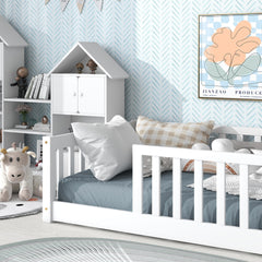 Twin Size Floor Bed with Fence without Door, Rubber Wood Floor Bed with Safety Guardrails,White