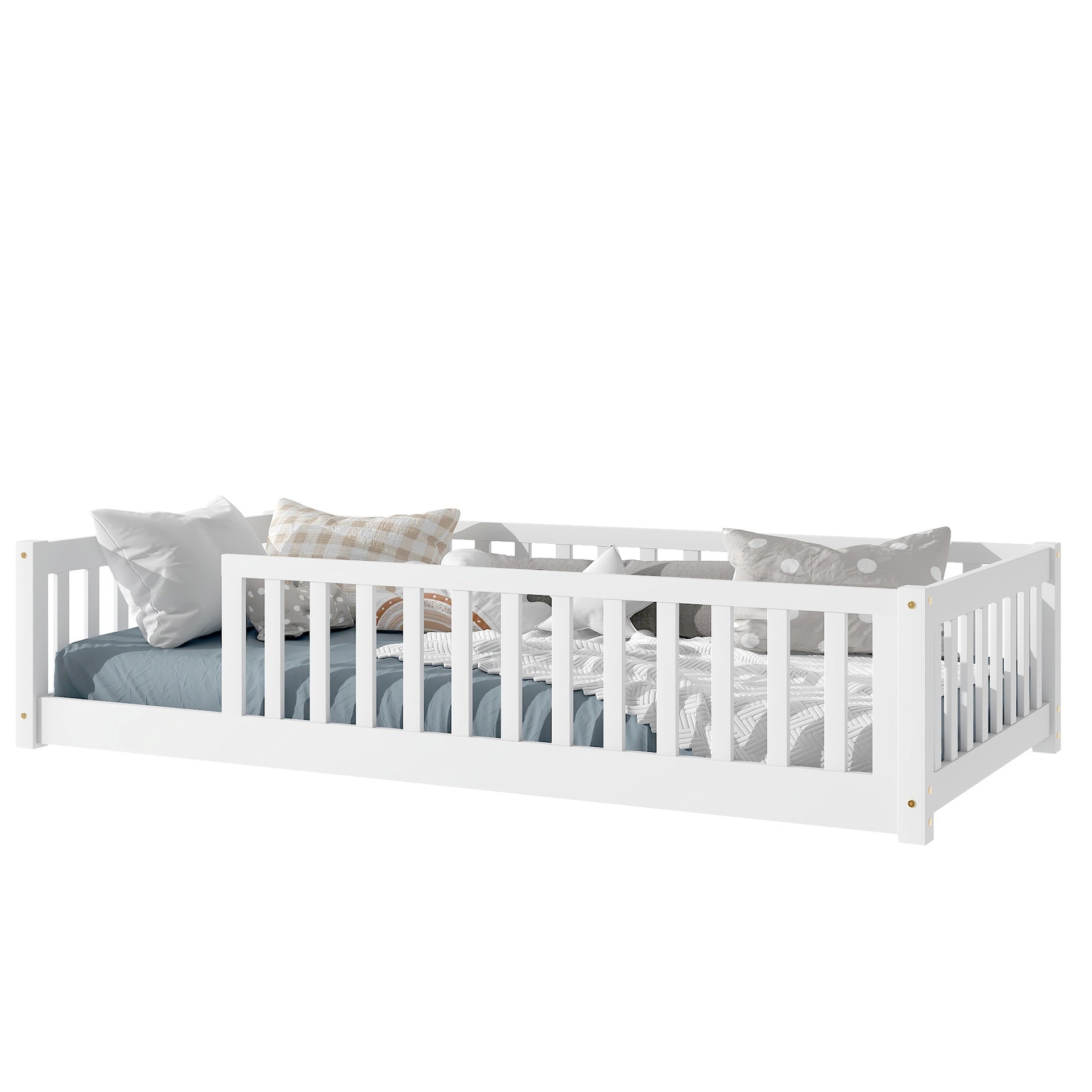 Twin Size Floor Bed with Fence without Door, Rubber Wood Floor Bed with Safety Guardrails,White