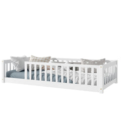 Twin Size Floor Bed with Fence without Door, Rubber Wood Floor Bed with Safety Guardrails,White