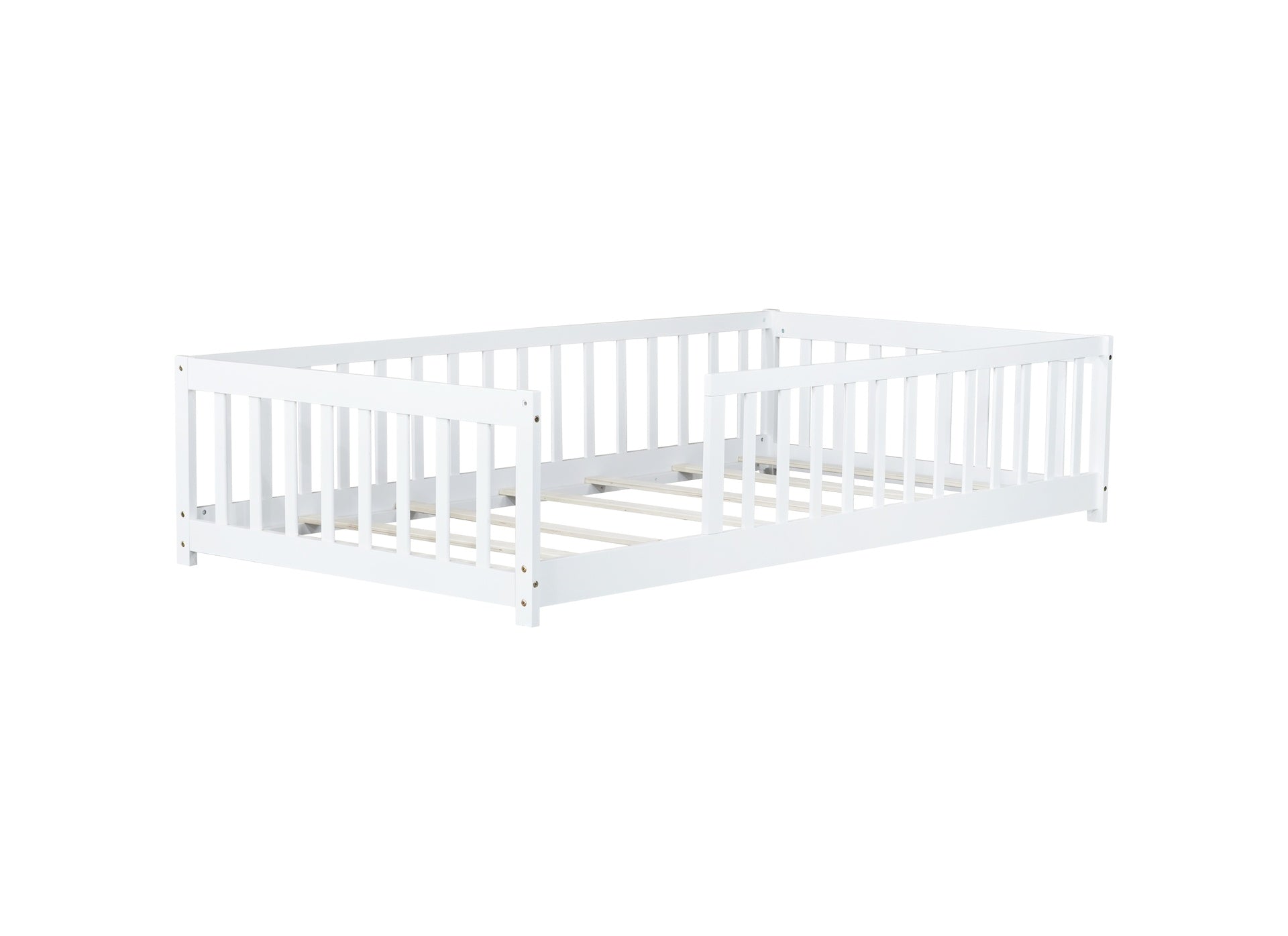 Twin Size Floor Bed with Fence without Door, Rubber Wood Floor Bed with Safety Guardrails,White