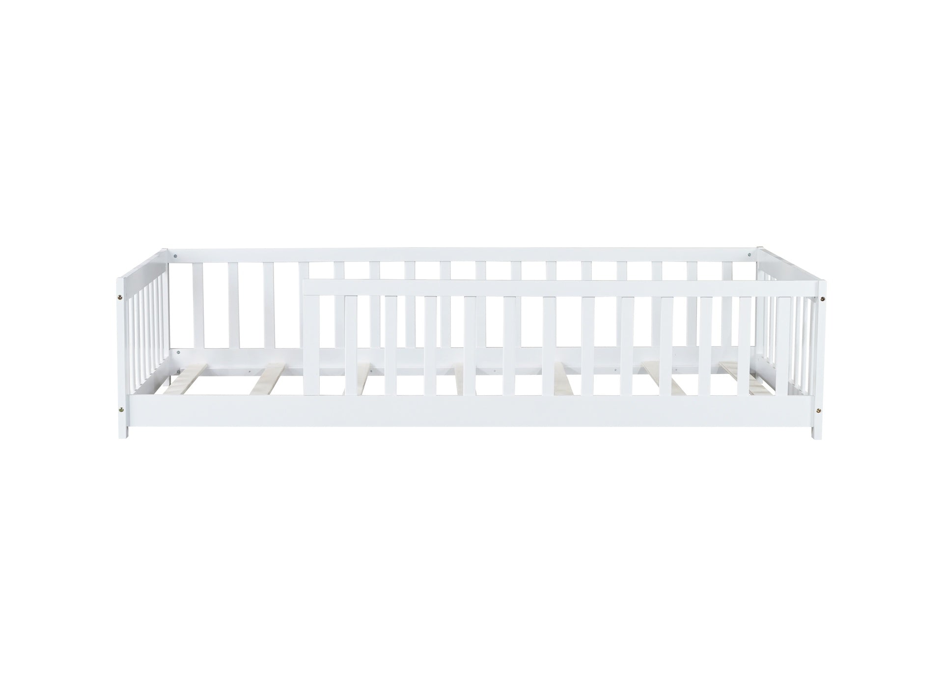 Twin Size Floor Bed with Fence without Door, Rubber Wood Floor Bed with Safety Guardrails,White