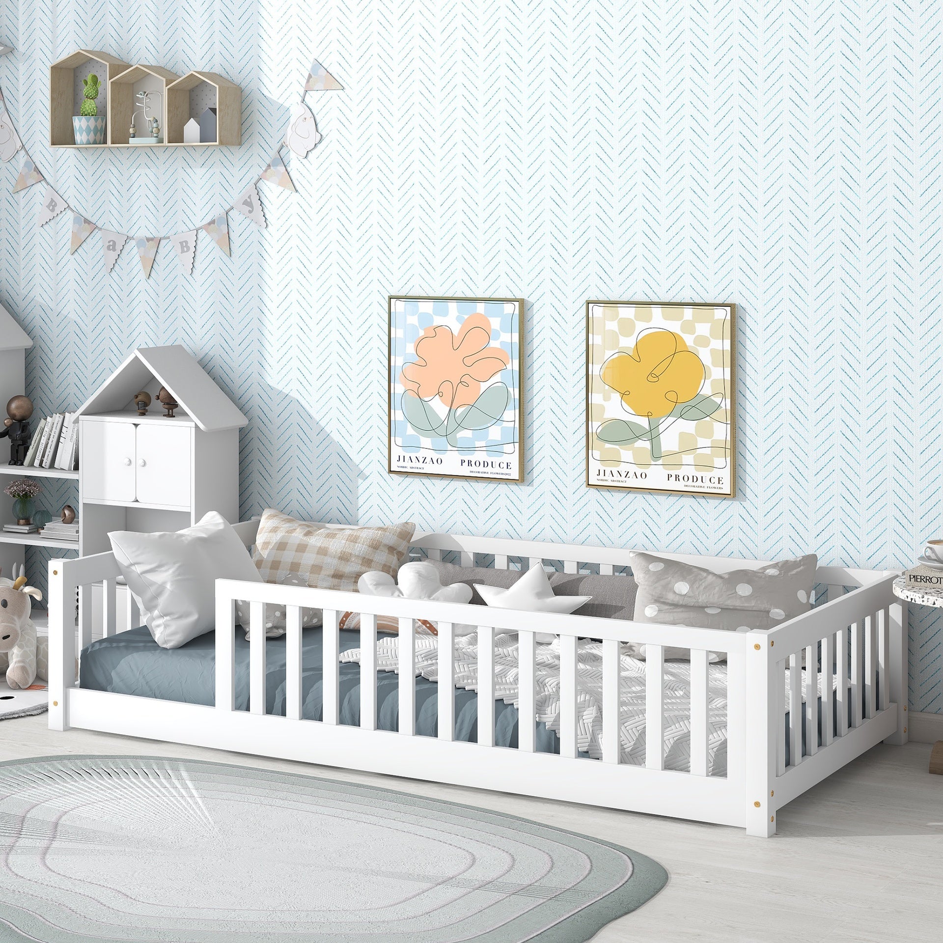 Twin Size Floor Bed with Fence without Door, Rubber Wood Floor Bed with Safety Guardrails,White
