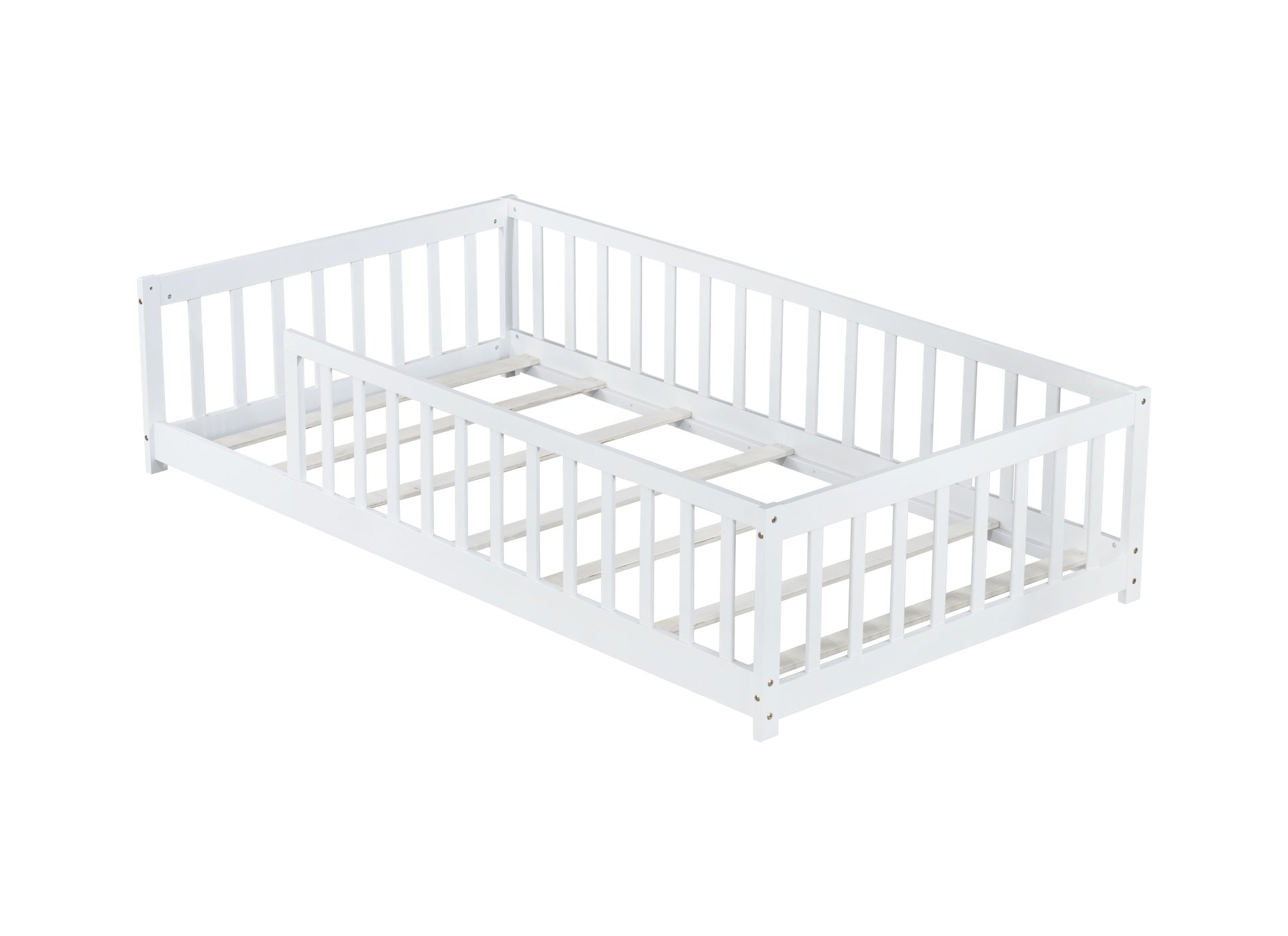Twin Size Floor Bed with Fence without Door, Rubber Wood Floor Bed with Safety Guardrails,White