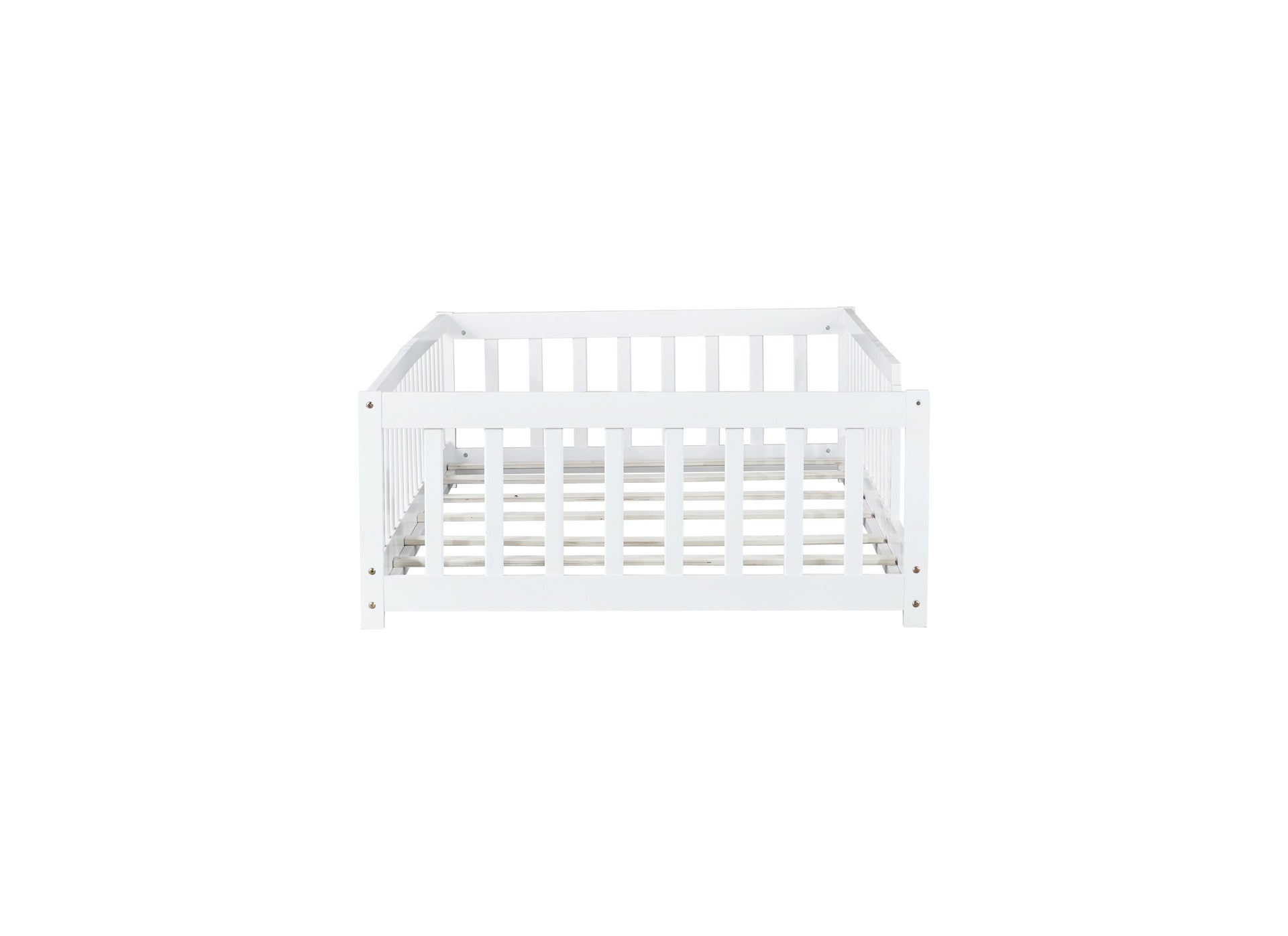 Twin Size Floor Bed with Fence without Door, Rubber Wood Floor Bed with Safety Guardrails,White