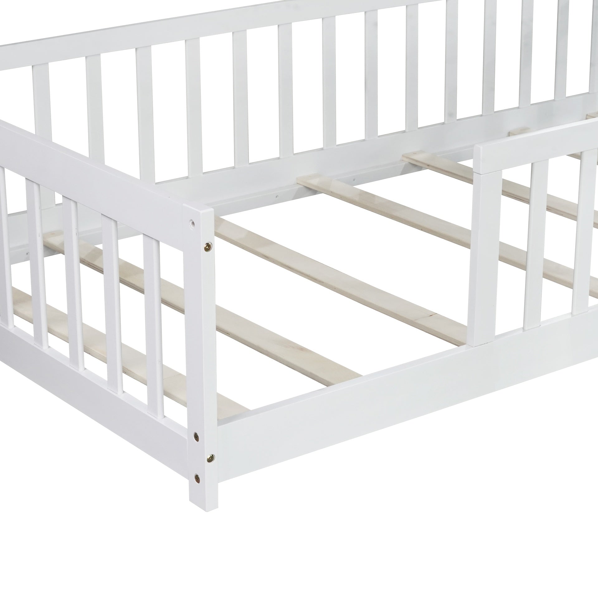 Twin Size Floor Bed with Fence without Door, Rubber Wood Floor Bed with Safety Guardrails,White