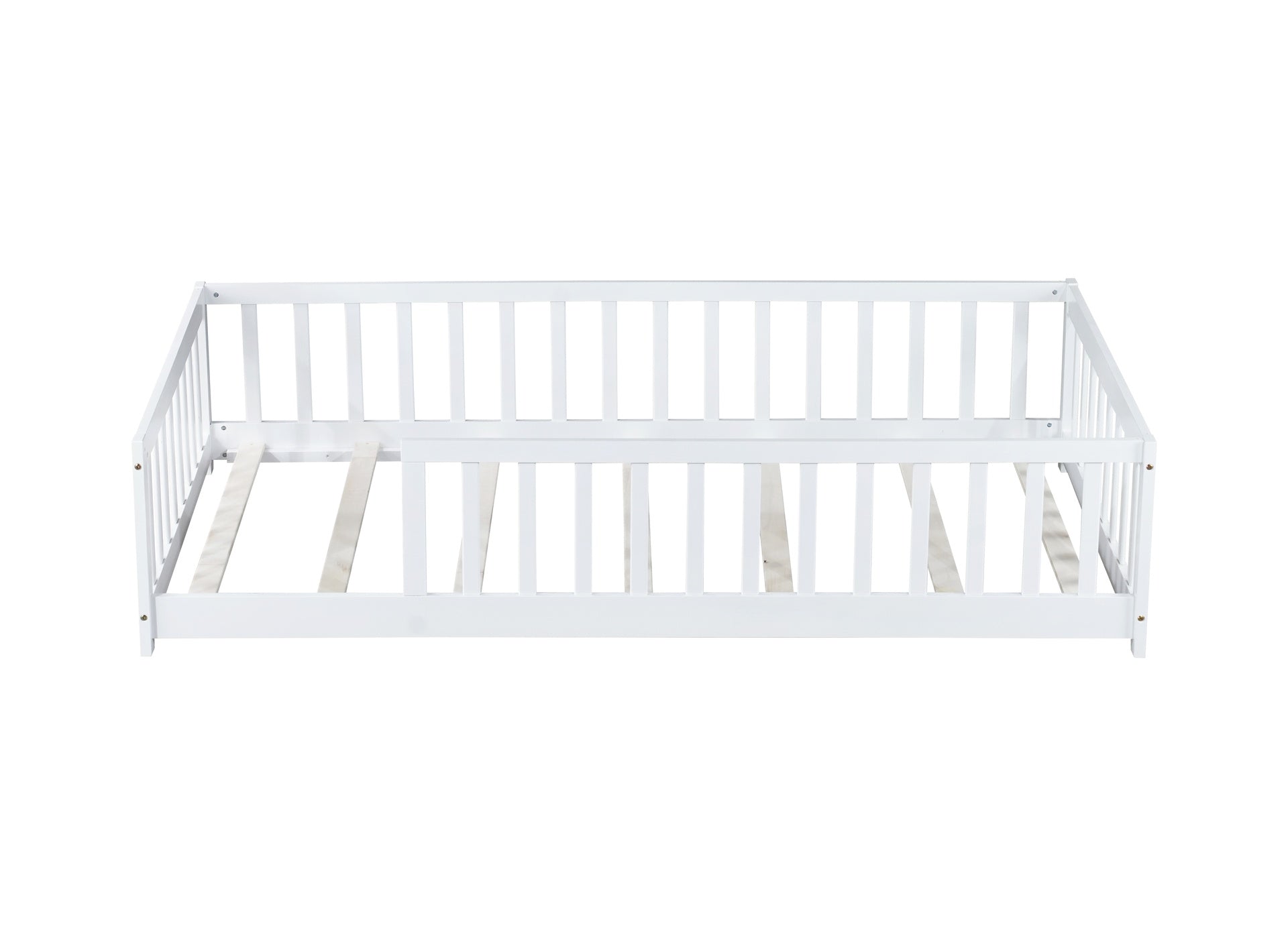 Twin Size Floor Bed with Fence without Door, Rubber Wood Floor Bed with Safety Guardrails,White