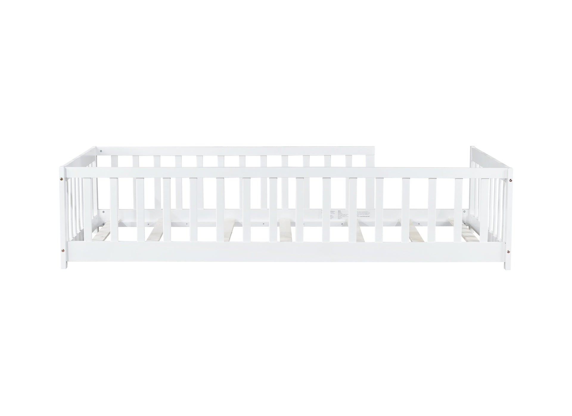 Twin Size Floor Bed with Fence without Door, Rubber Wood Floor Bed with Safety Guardrails,White