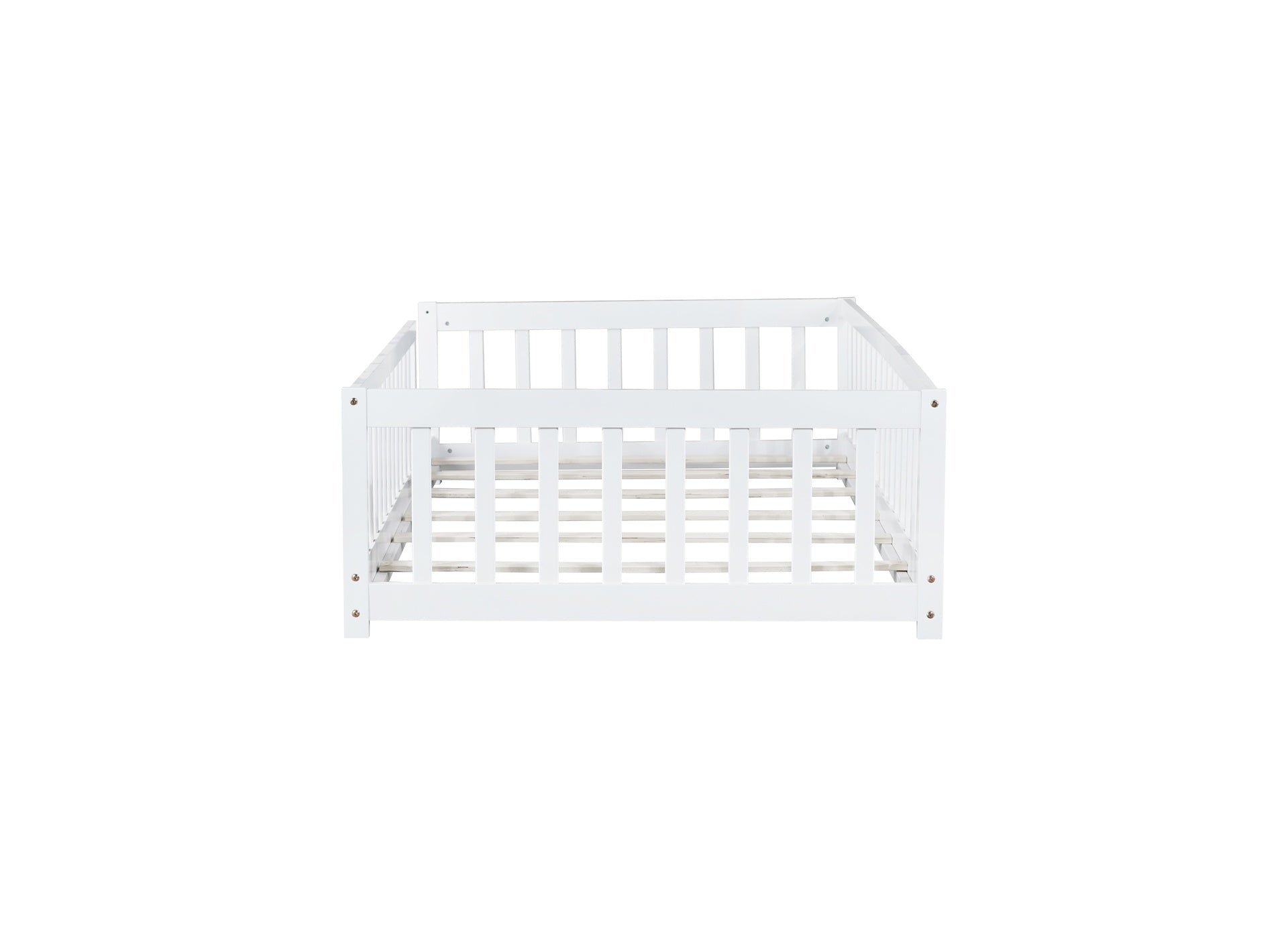 Twin Size Floor Bed with Fence without Door, Rubber Wood Floor Bed with Safety Guardrails,White