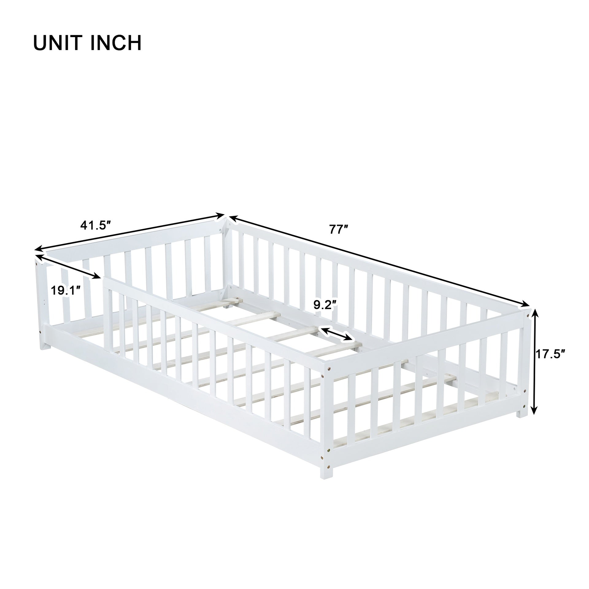 Twin Size Floor Bed with Fence without Door, Rubber Wood Floor Bed with Safety Guardrails,White