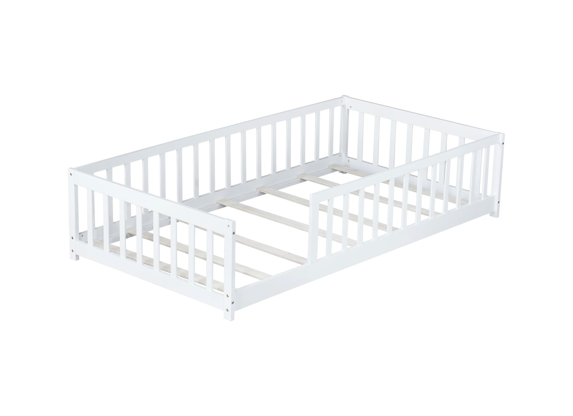 Twin Size Floor Bed with Fence without Door, Rubber Wood Floor Bed with Safety Guardrails,White