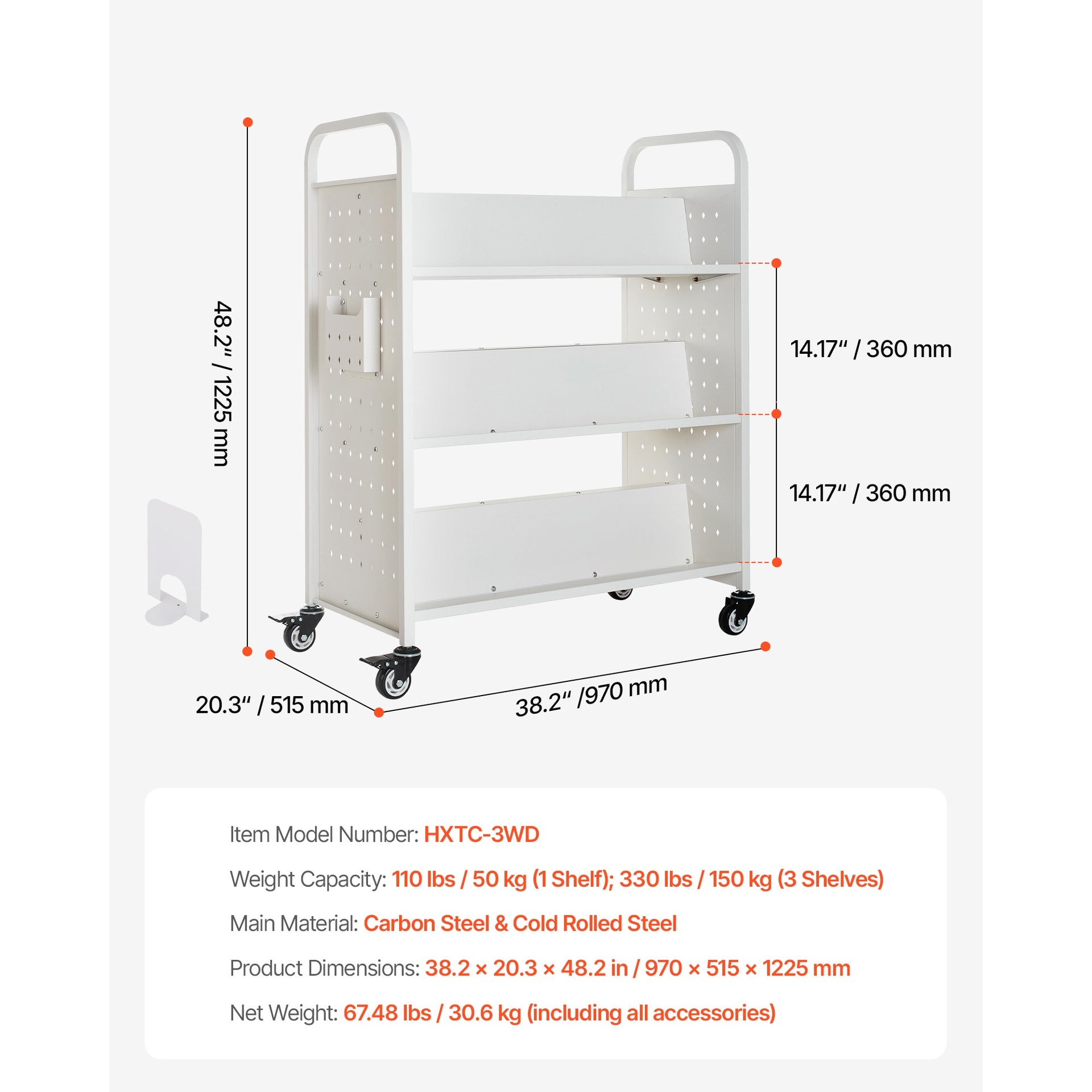 3-Tier Rolling Book Cart Double Sided W-Shaped Shelves Book Truck in White