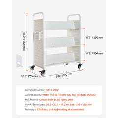 3-Tier Rolling Book Cart Double Sided W-Shaped Shelves Book Truck in White