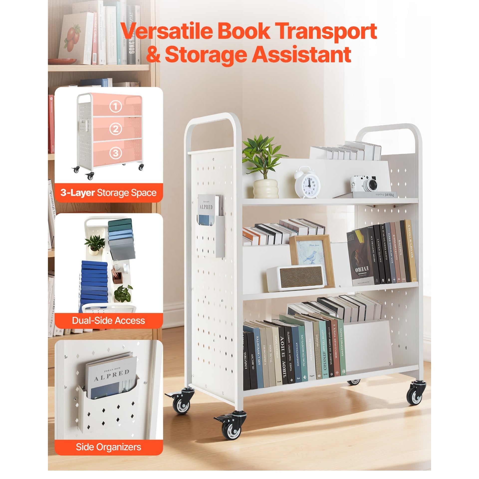 3-Tier Rolling Book Cart Double Sided W-Shaped Shelves Book Truck in White