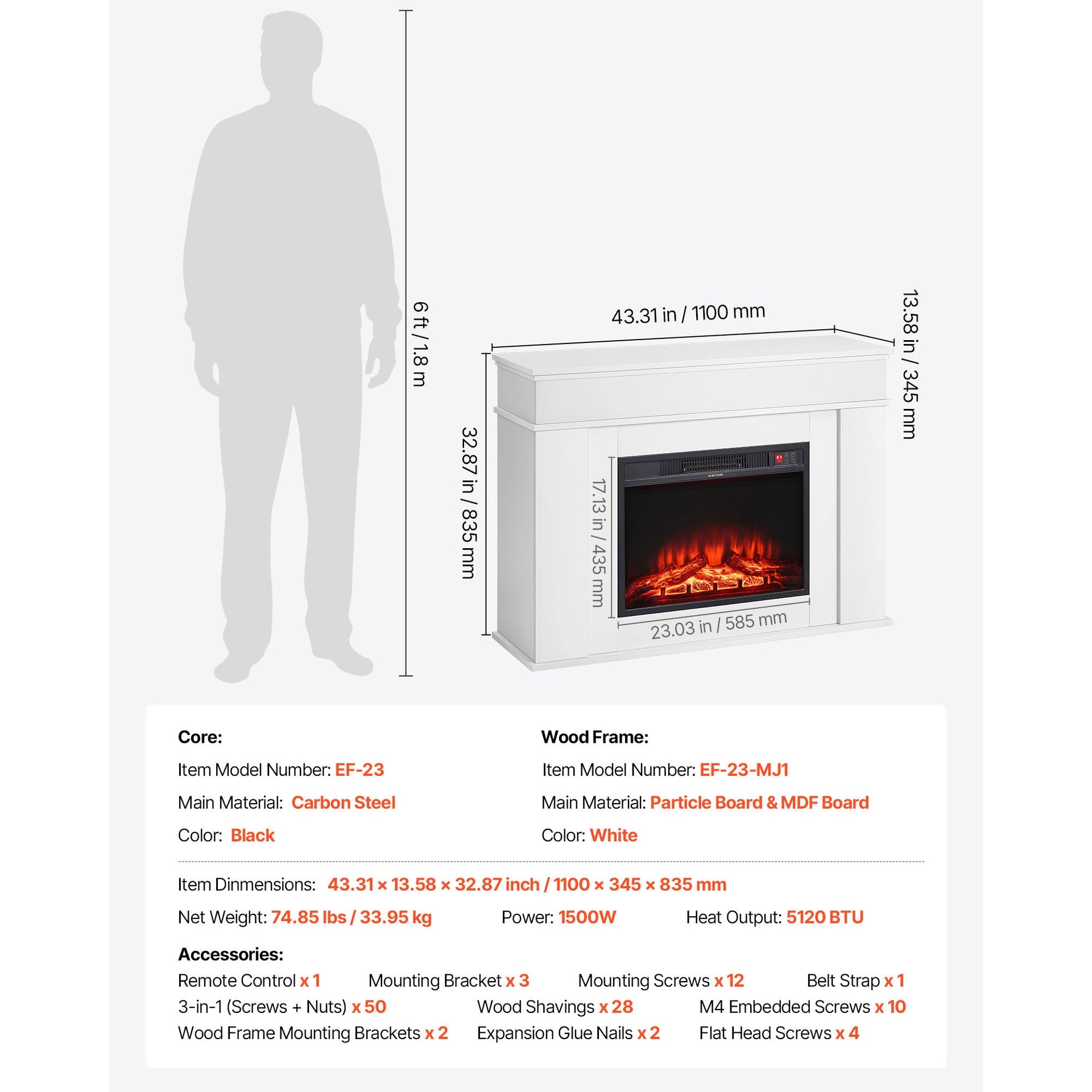 43 inch Freestanding Fireplaces, 1500W 5120BTU Fake Electric Fireplace Stove Heater with Mantel, Overheating Protection, Adjustable Flames,Timer, Remote, for Living Room,Bedroom,White