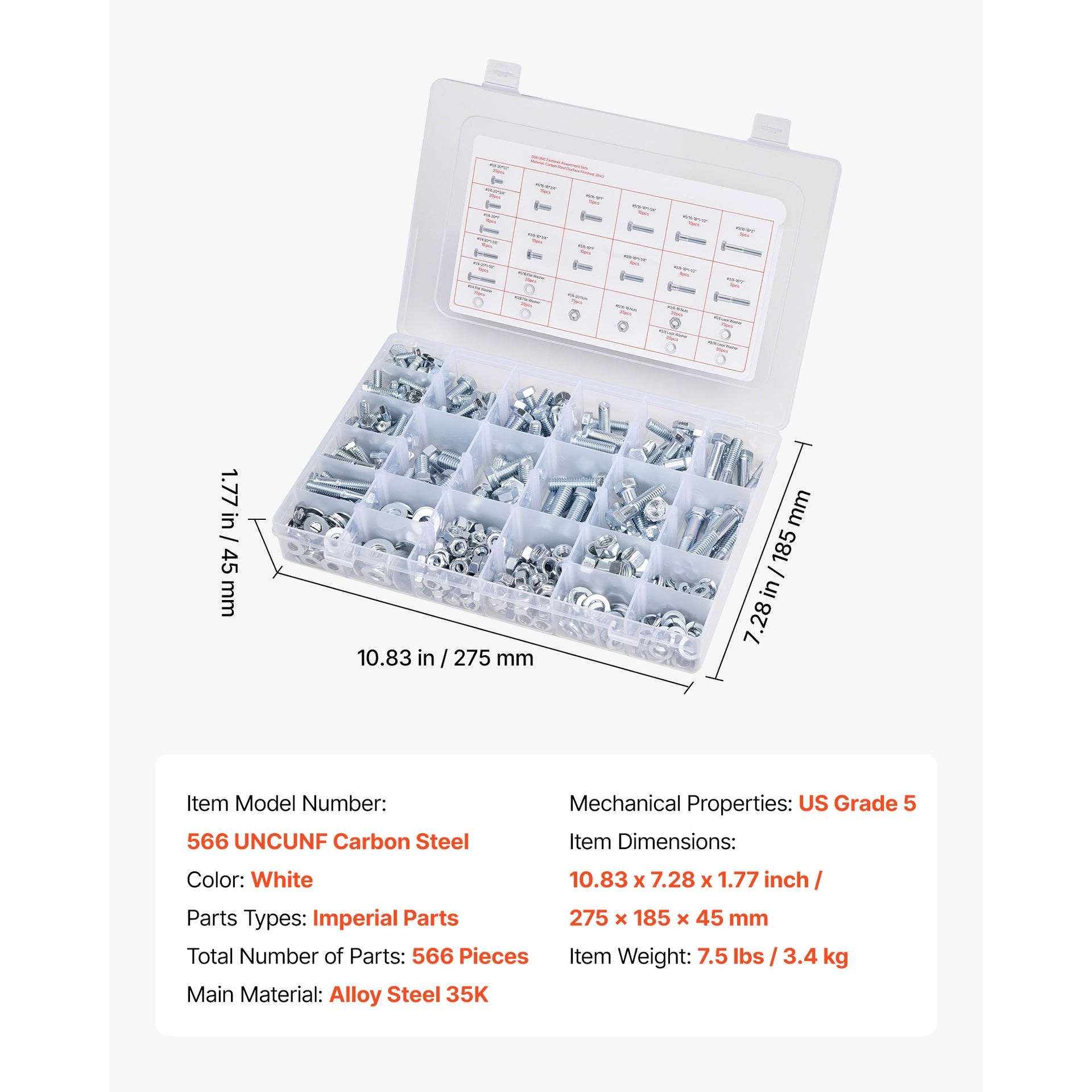 566 Pcs Bolts Nuts Assortment Kit Imperial Alloy Steel for Furniture