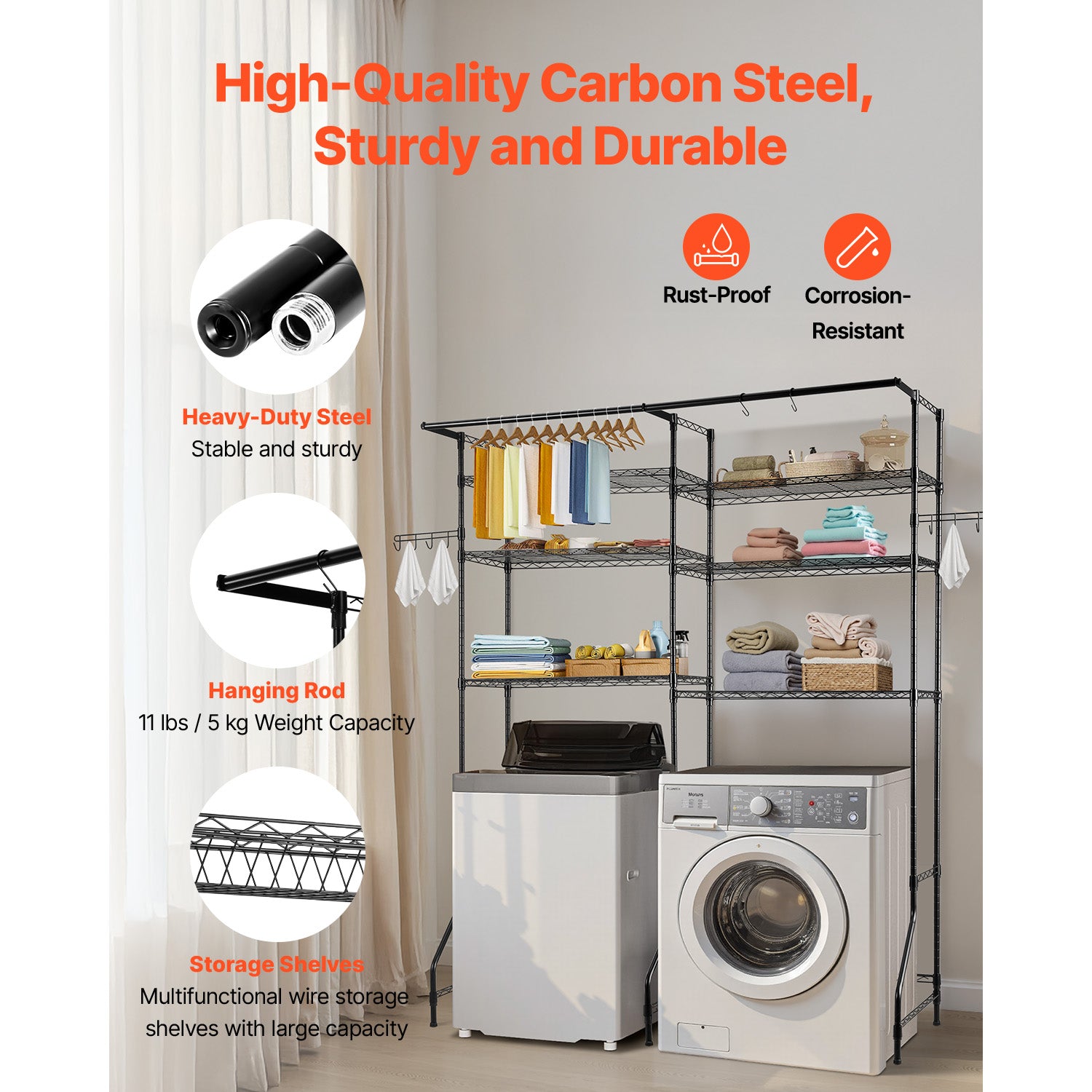 Over The Washer and Dryer Storage Shelf, 6 Tier Laundry Room Drying Rack with Hanger Rod and Hooks, Adjustable Over Washer and Dryer Shelves, Laundry Room Shelf Storage Space Saver, Black