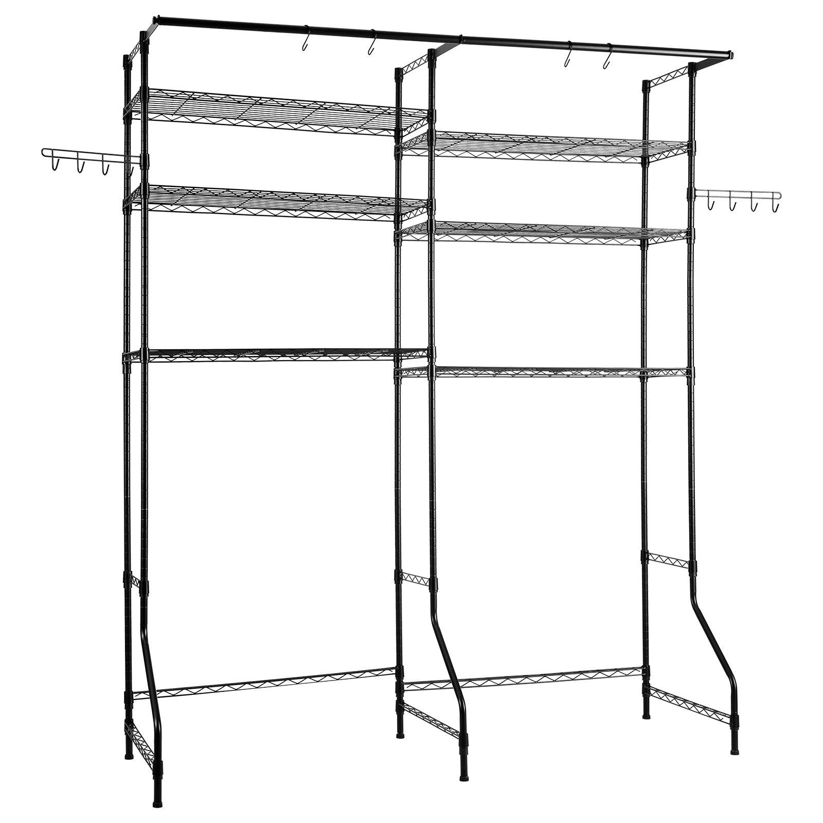 Over The Washer and Dryer Storage Shelf, 6 Tier Laundry Room Drying Rack with Hanger Rod and Hooks, Adjustable Over Washer and Dryer Shelves, Laundry Room Shelf Storage Space Saver, Black