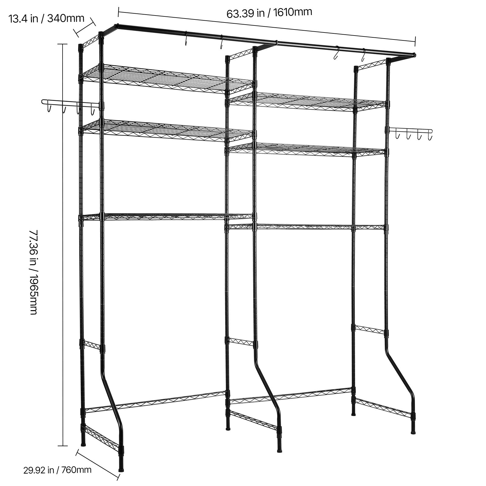 Over The Washer and Dryer Storage Shelf, 6 Tier Laundry Room Drying Rack with Hanger Rod and Hooks, Adjustable Over Washer and Dryer Shelves, Laundry Room Shelf Storage Space Saver, Black