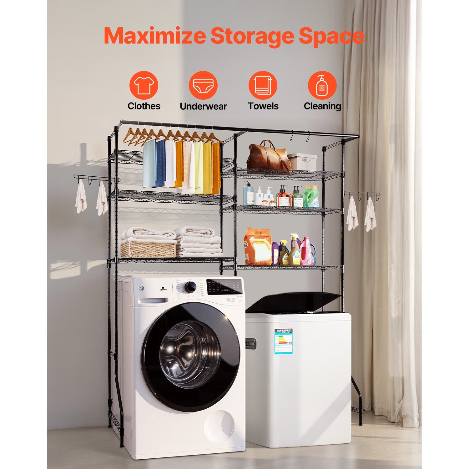 Over The Washer and Dryer Storage Shelf, 6 Tier Laundry Room Drying Rack with Hanger Rod and Hooks, Adjustable Over Washer and Dryer Shelves, Laundry Room Shelf Storage Space Saver, Black