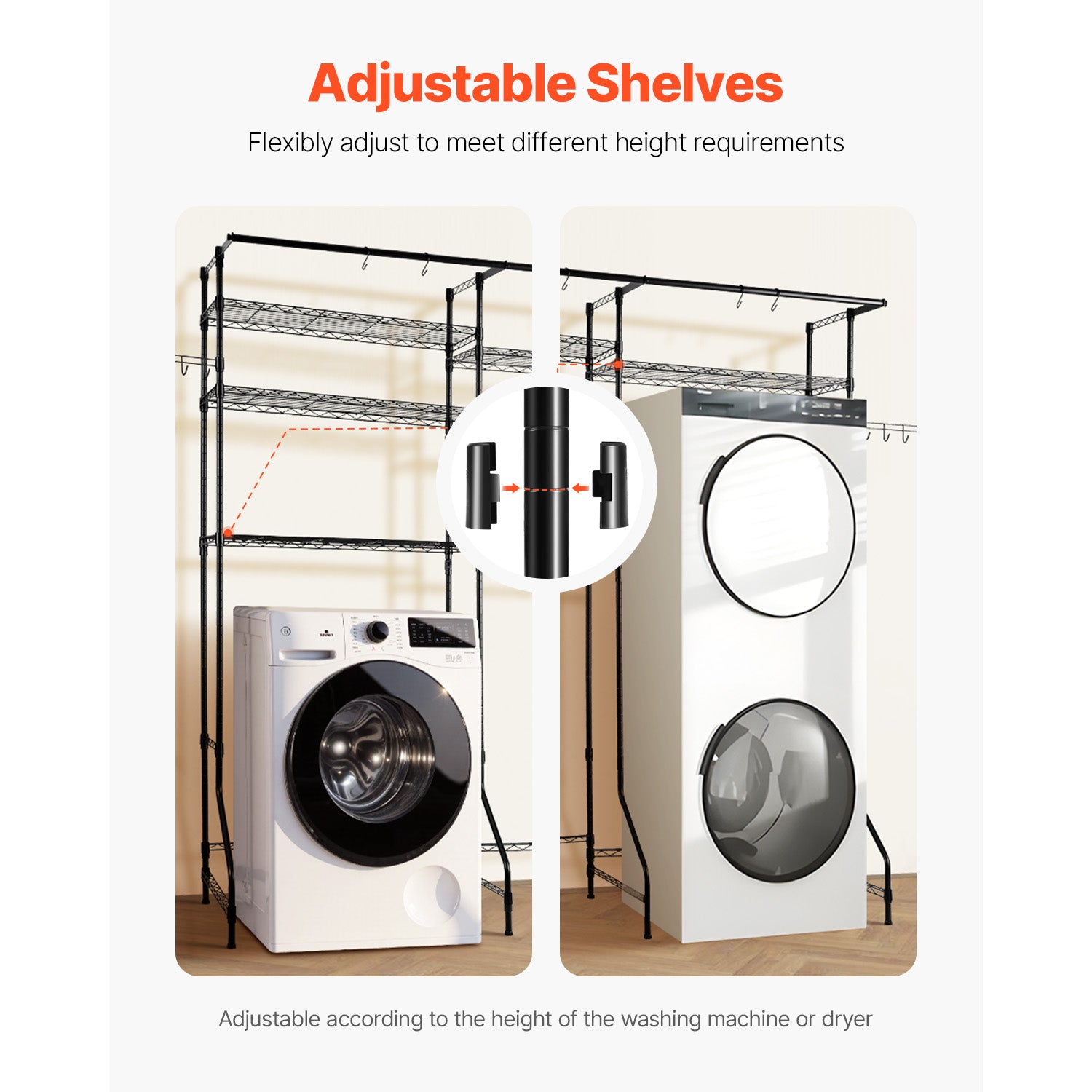 Over The Washer and Dryer Storage Shelf, 6 Tier Laundry Room Drying Rack with Hanger Rod and Hooks, Adjustable Over Washer and Dryer Shelves, Laundry Room Shelf Storage Space Saver, Black