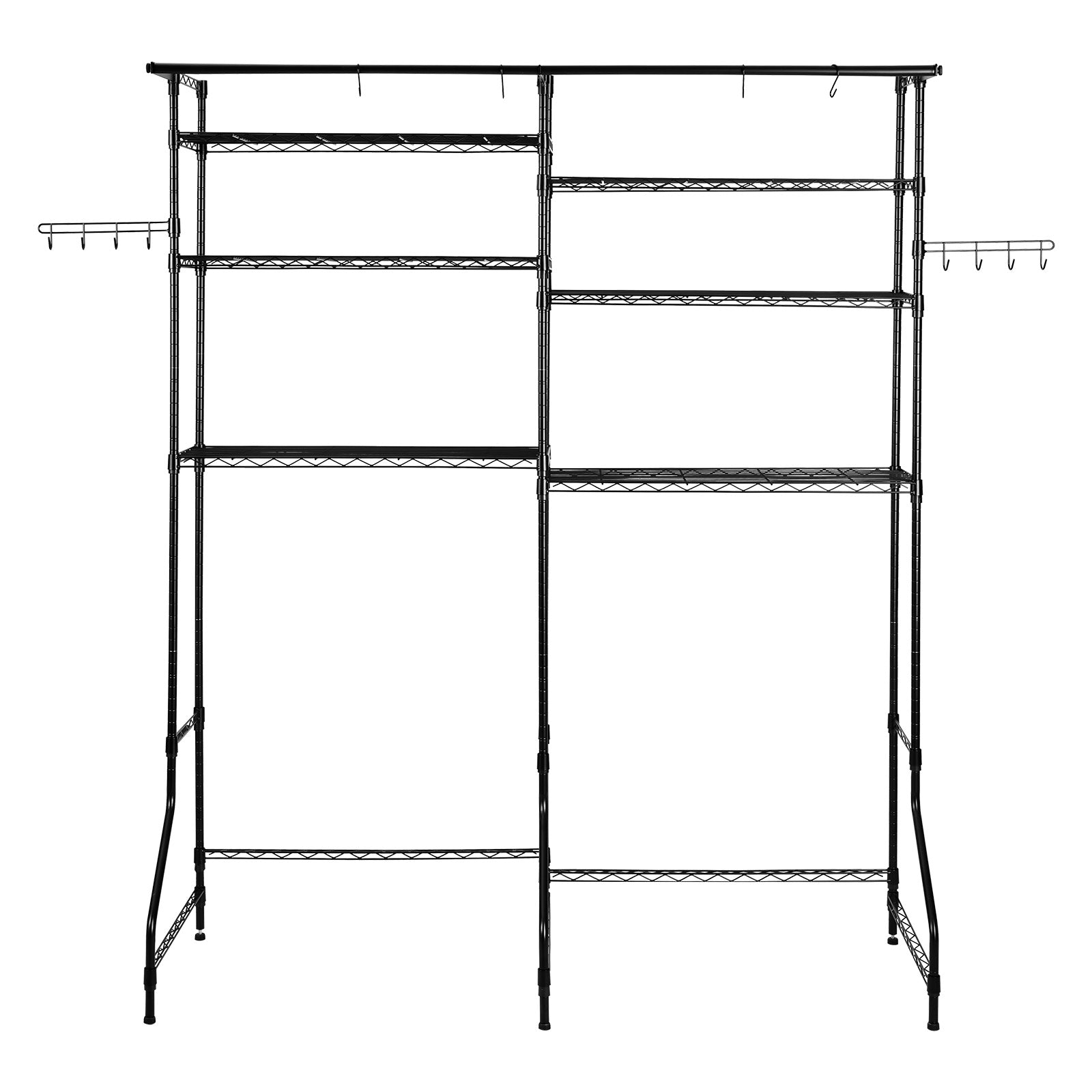 Over The Washer and Dryer Storage Shelf, 6 Tier Laundry Room Drying Rack with Hanger Rod and Hooks, Adjustable Over Washer and Dryer Shelves, Laundry Room Shelf Storage Space Saver, Black