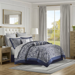 12 Piece Comforter Set with Cotton Bed Sheets Navy Queen