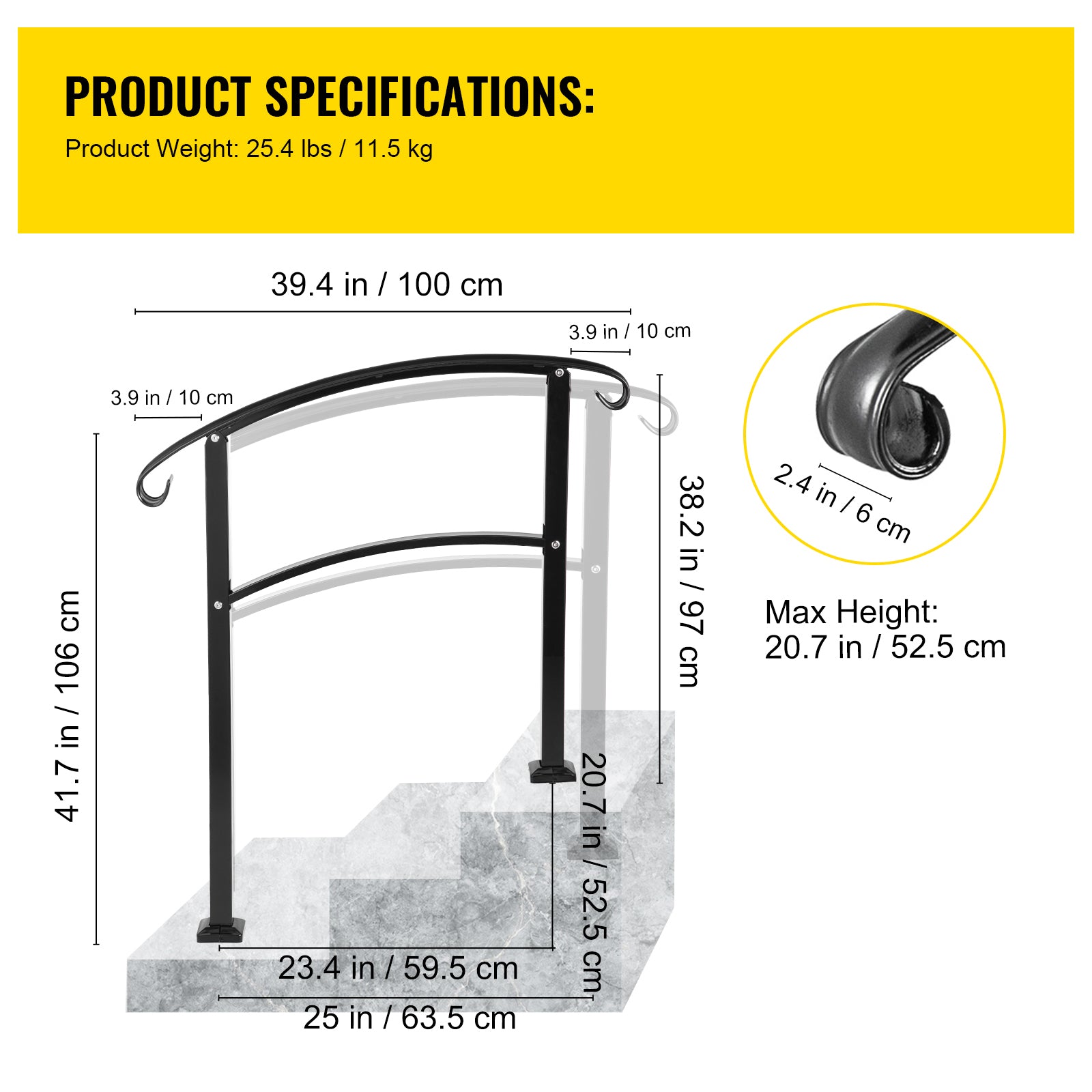 3-Step Transitional Handrail Fits 1 or 3 Steps Matte Stair Rail Wrought Iron Handrail with Installation Kit Hand Rails for Outdoor Steps (Unadjustable) (Black)