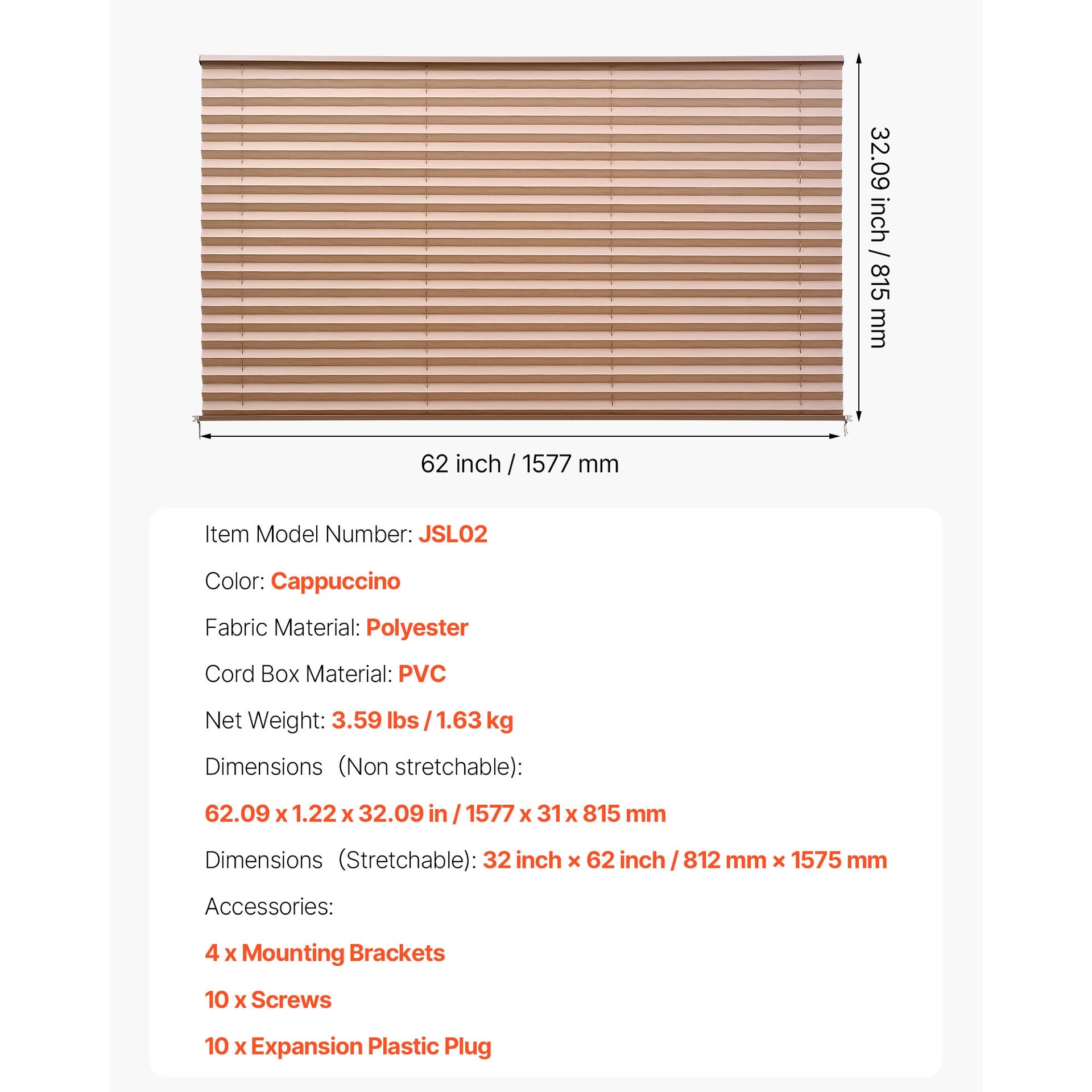 RV Blinds, 62 in x 32 in, RV Pleated Shades, Polyester Fabric, Easy to Clean and Install, Privacy Protection and Sunlight Blocking, for Camper, Travel Trailer, Motorhome Window, Cappuccino