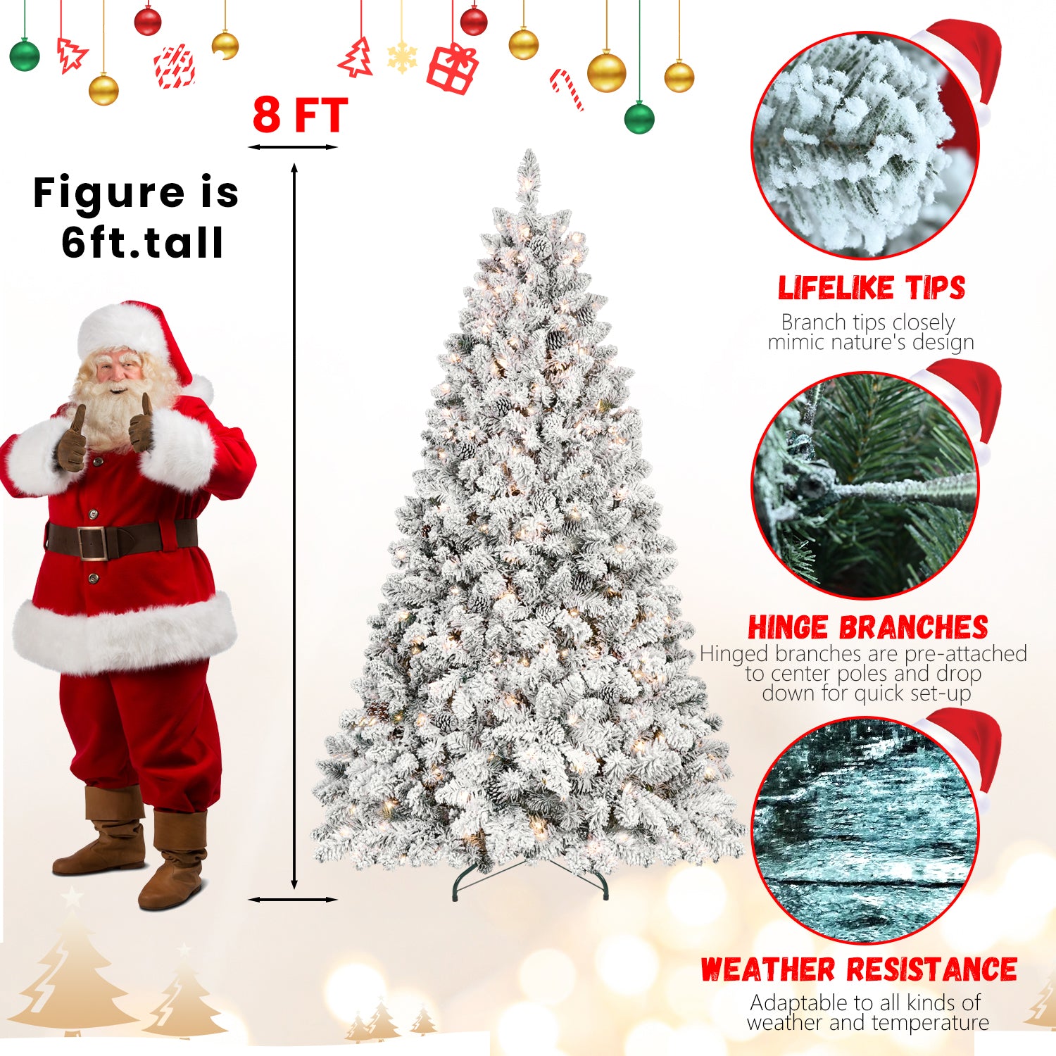 4FT Flocked Christmas Tree with 150 UL Lights and 21 Natural Pine Cones – Snowy PVC Tips, 366 Tips, Hinged Structure, Stable Metal Stand, Easy Setup