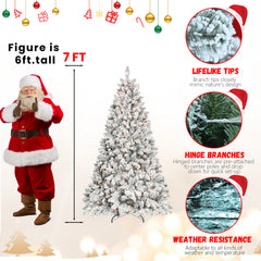 4FT Flocked Christmas Tree with 150 UL Lights and 21 Natural Pine Cones – Snowy PVC Tips, 366 Tips, Hinged Structure, Stable Metal Stand, Easy Setup