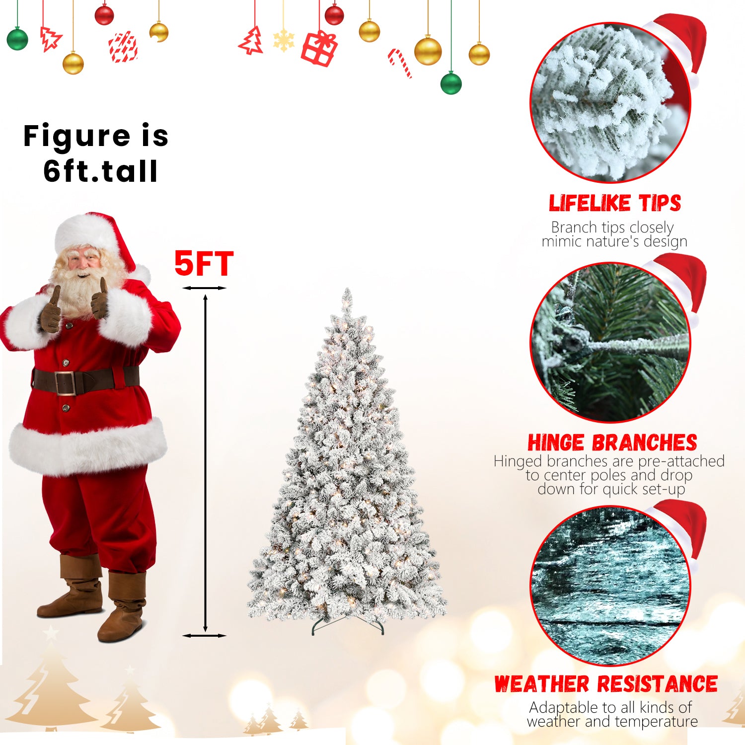 4FT Flocked Christmas Tree with 150 UL Lights and 21 Natural Pine Cones – Snowy PVC Tips, 366 Tips, Hinged Structure, Stable Metal Stand, Easy Setup