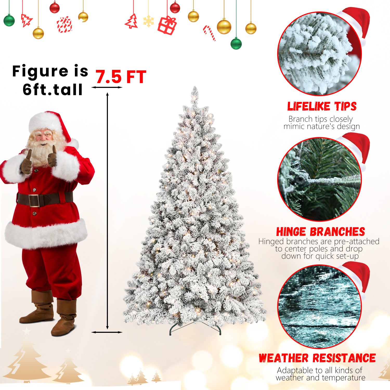 4FT Flocked Christmas Tree with 150 UL Lights and 21 Natural Pine Cones – Snowy PVC Tips, 366 Tips, Hinged Structure, Stable Metal Stand, Easy Setup