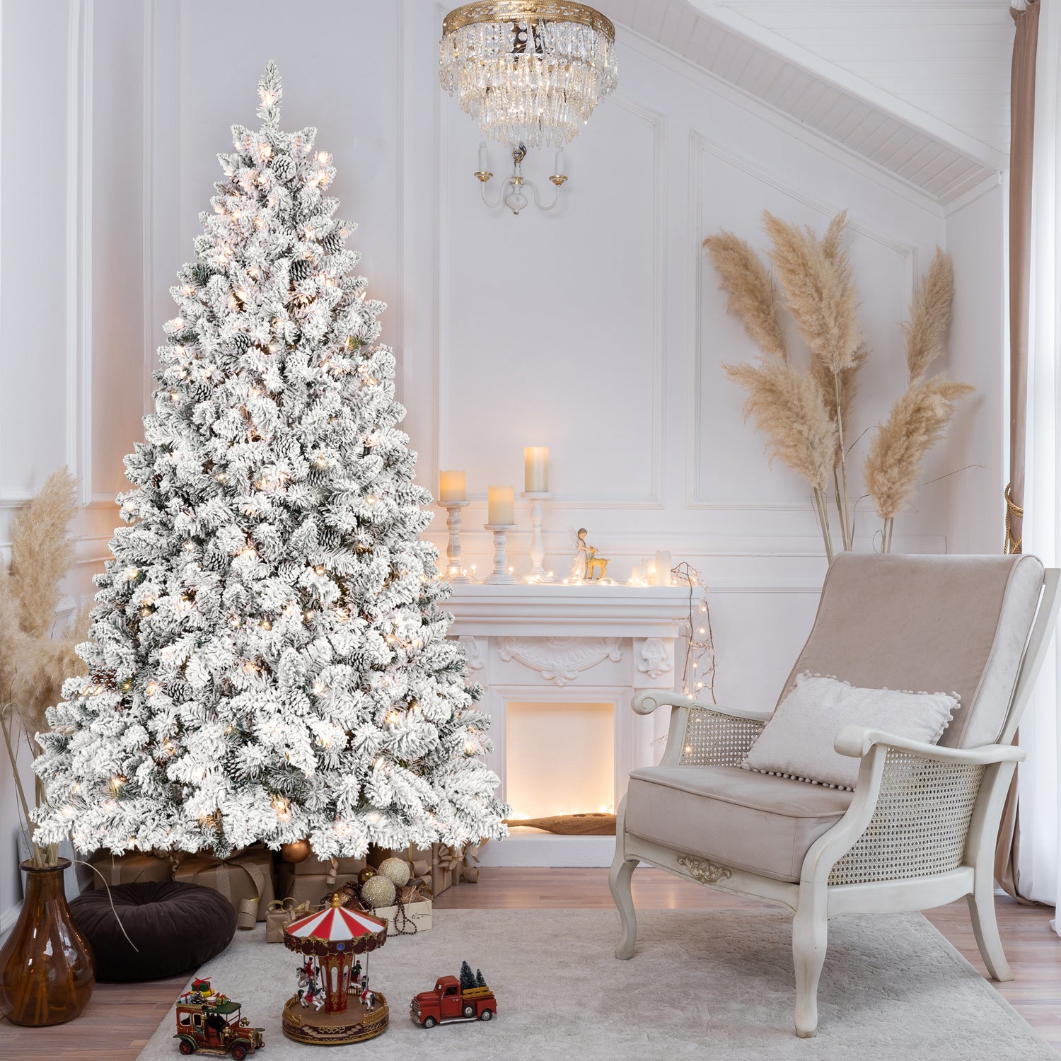 4FT Flocked Christmas Tree with 150 UL Lights and 21 Natural Pine Cones – Snowy PVC Tips, 366 Tips, Hinged Structure, Stable Metal Stand, Easy Setup