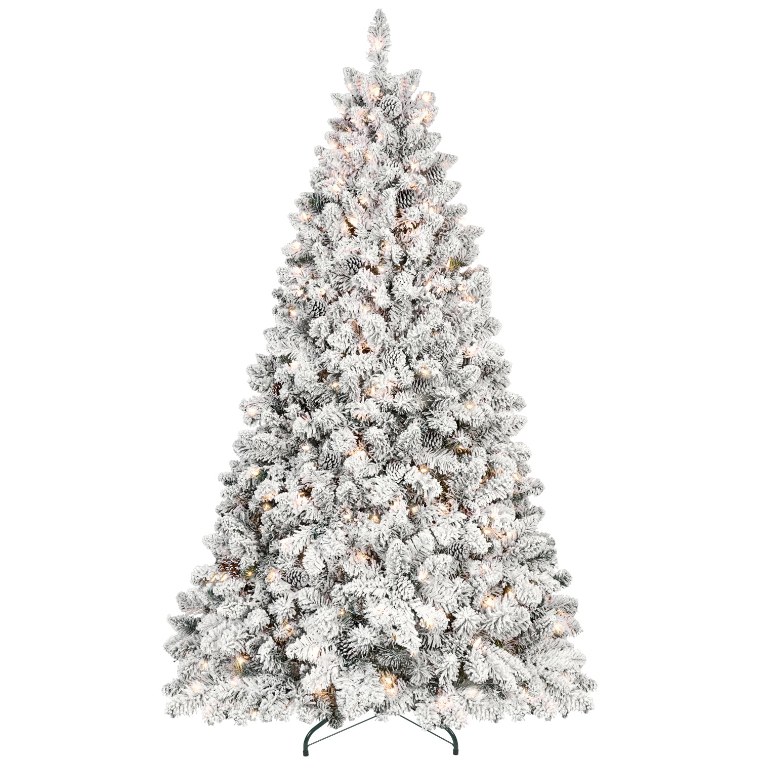 4FT Flocked Christmas Tree with 150 UL Lights and 21 Natural Pine Cones – Snowy PVC Tips, 366 Tips, Hinged Structure, Stable Metal Stand, Easy Setup