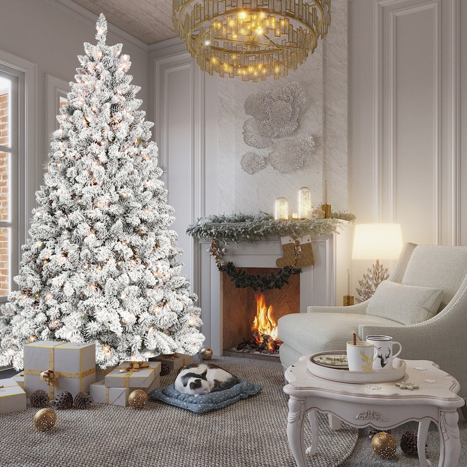 4FT Flocked Christmas Tree with 150 UL Lights and 21 Natural Pine Cones – Snowy PVC Tips, 366 Tips, Hinged Structure, Stable Metal Stand, Easy Setup