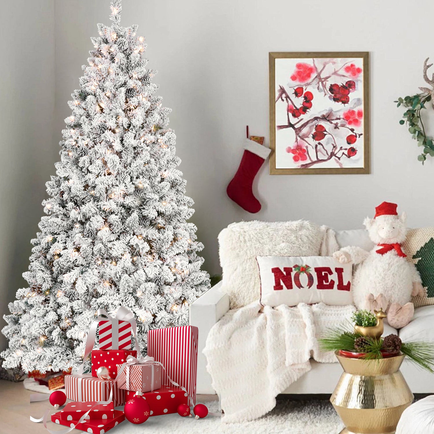 4FT Flocked Christmas Tree with 150 UL Lights and 21 Natural Pine Cones – Snowy PVC Tips, 366 Tips, Hinged Structure, Stable Metal Stand, Easy Setup