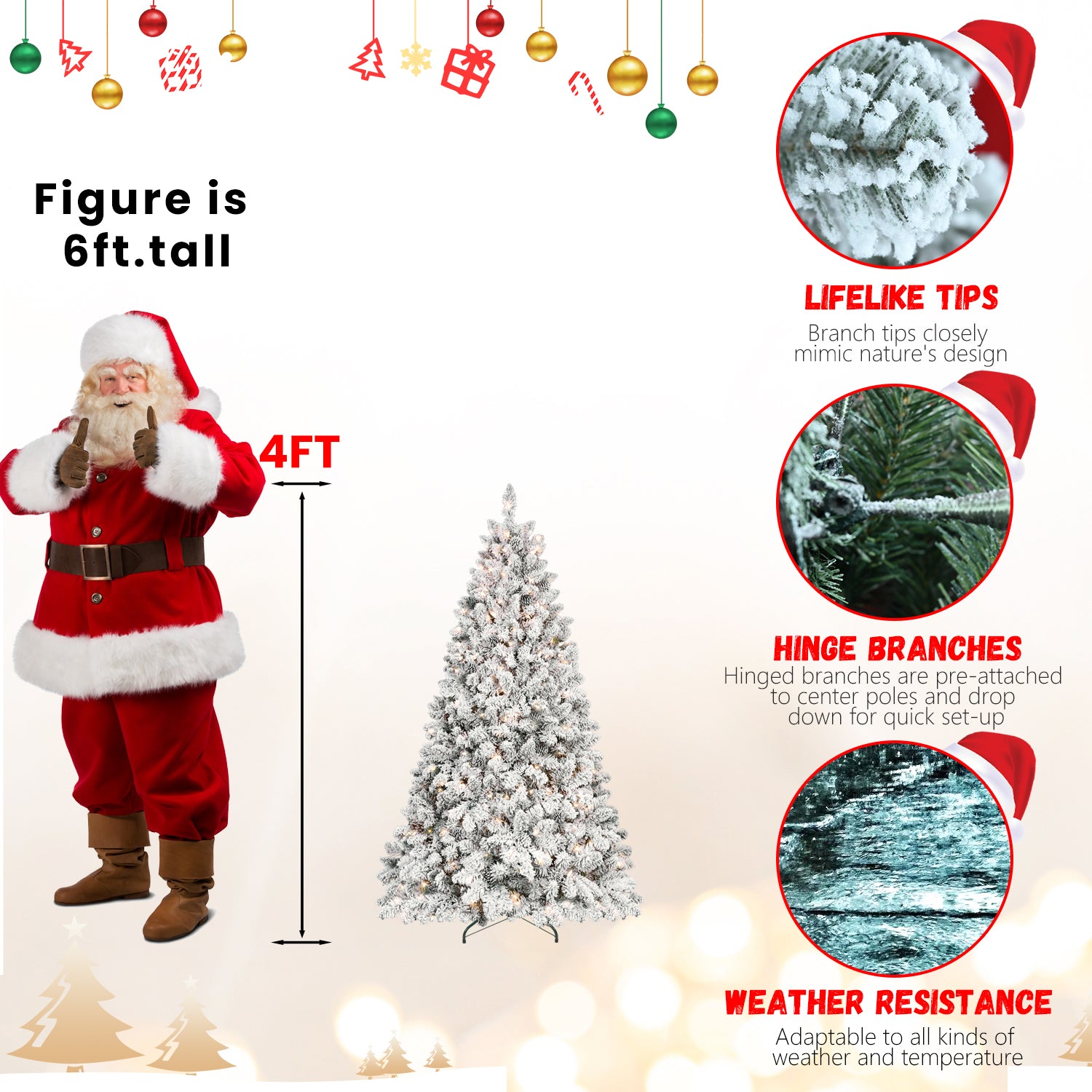 4FT Flocked Christmas Tree with 150 UL Lights and 21 Natural Pine Cones – Snowy PVC Tips, 366 Tips, Hinged Structure, Stable Metal Stand, Easy Setup