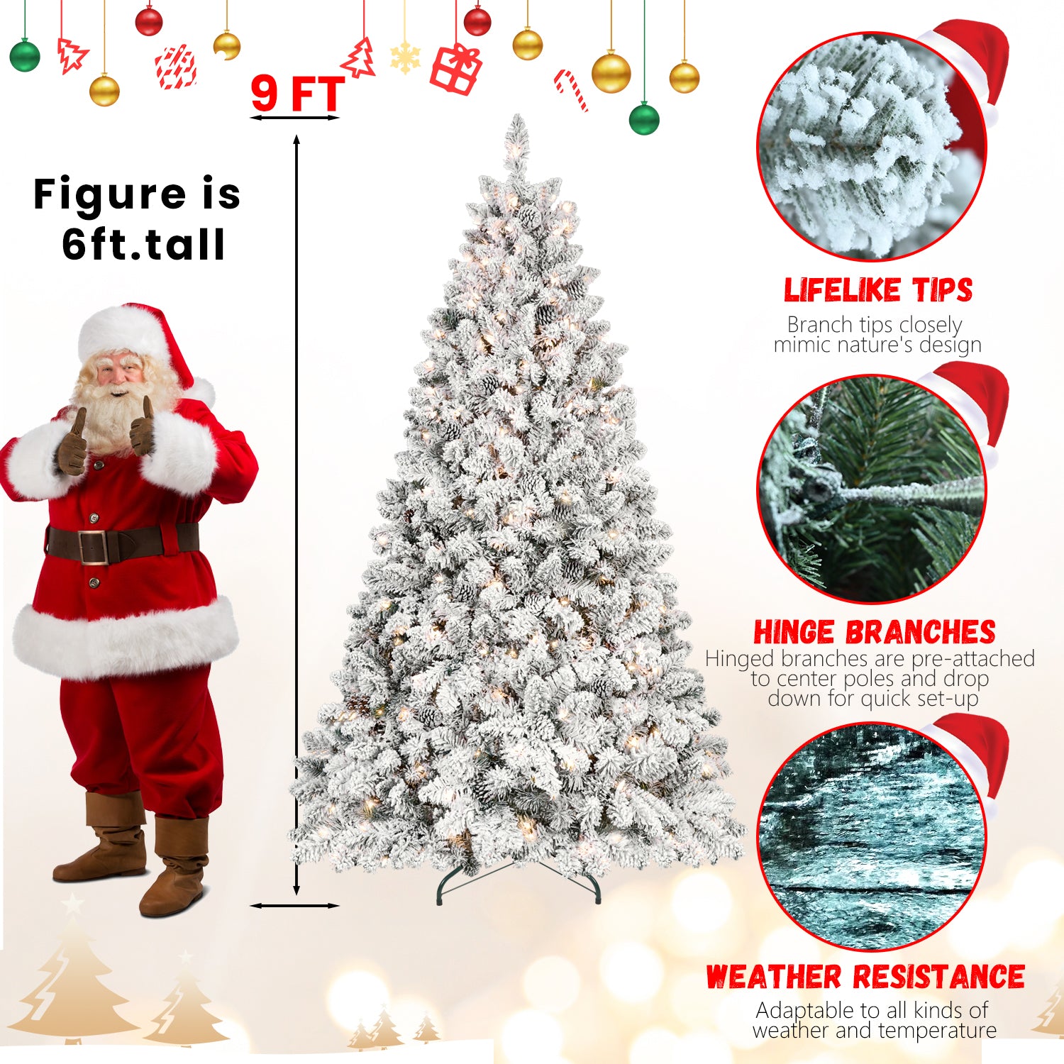4FT Flocked Christmas Tree with 150 UL Lights and 21 Natural Pine Cones – Snowy PVC Tips, 366 Tips, Hinged Structure, Stable Metal Stand, Easy Setup