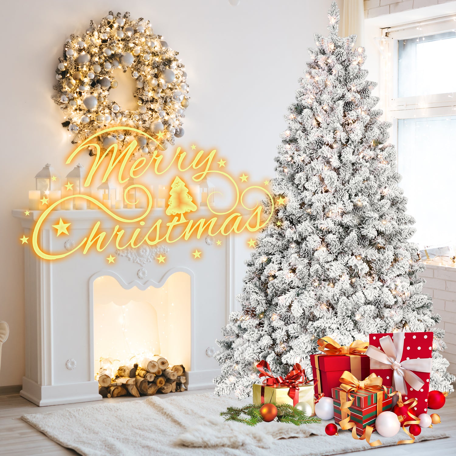 4FT Flocked Christmas Tree with 150 UL Lights and 21 Natural Pine Cones – Snowy PVC Tips, 366 Tips, Hinged Structure, Stable Metal Stand, Easy Setup