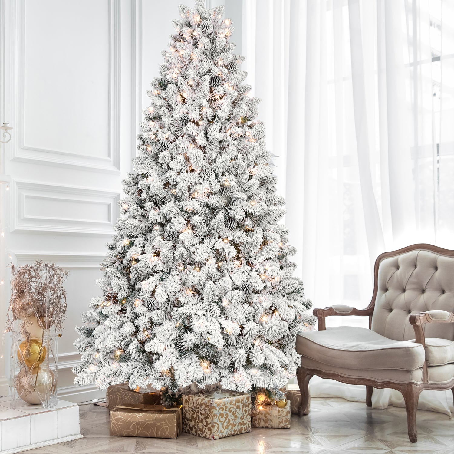 4FT Flocked Christmas Tree with 150 UL Lights and 21 Natural Pine Cones – Snowy PVC Tips, 366 Tips, Hinged Structure, Stable Metal Stand, Easy Setup