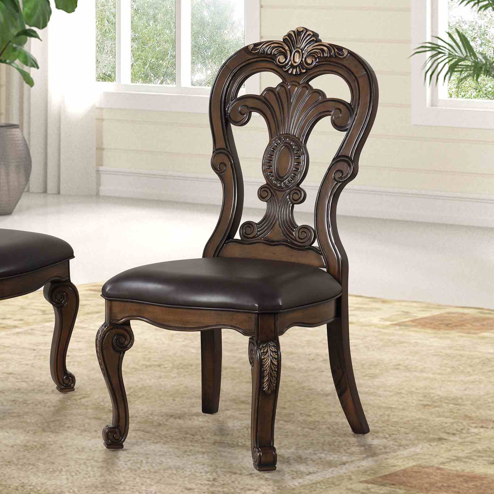 Traditional Style 2pc Side Chair Ornate Corbels Dark Brown Finish Dining Room