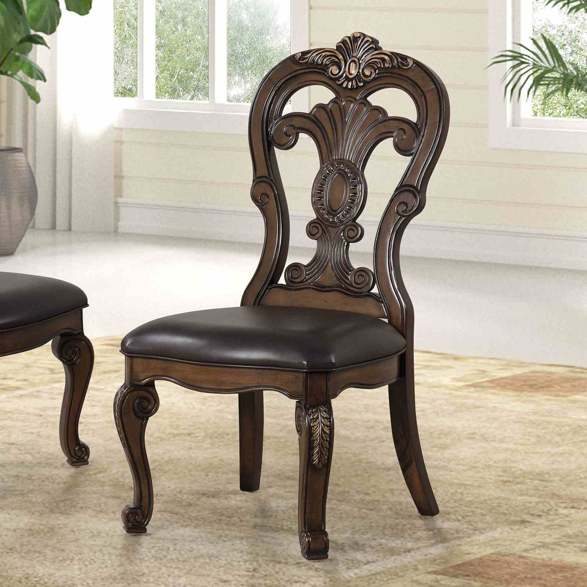 Traditional Style 2pc Side Chair Ornate Corbels Dark Brown Finish Dining Room