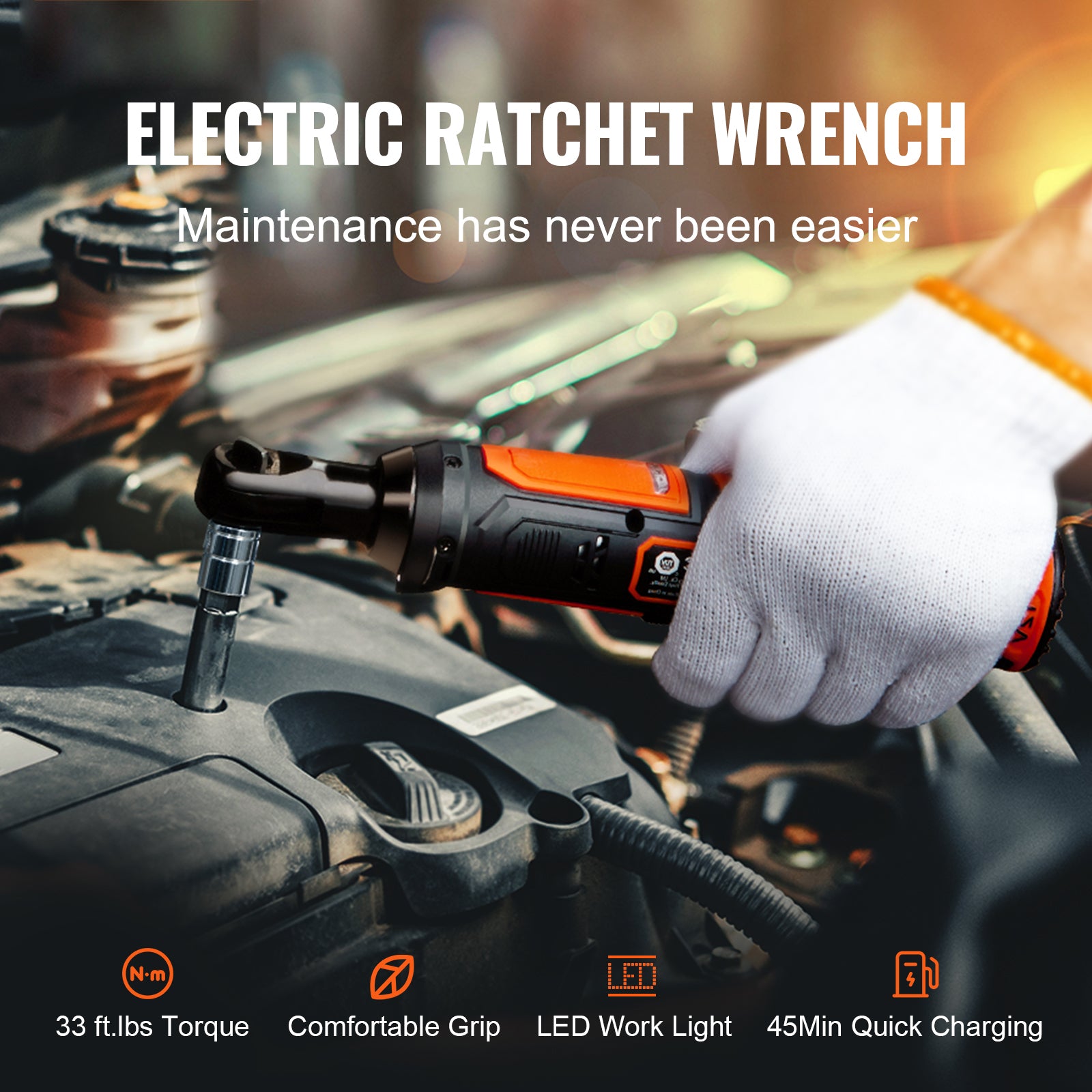 3/8" Cordless Electric Ratchet Wrench Set, 12V 33 Ft-lbs Power Ratchet Tool Kit, 45-Min Fast Charge, 2-Pack 2.0Ah Battery, Built-in LED Light, Variable Speed Trigger, 10 Sockets