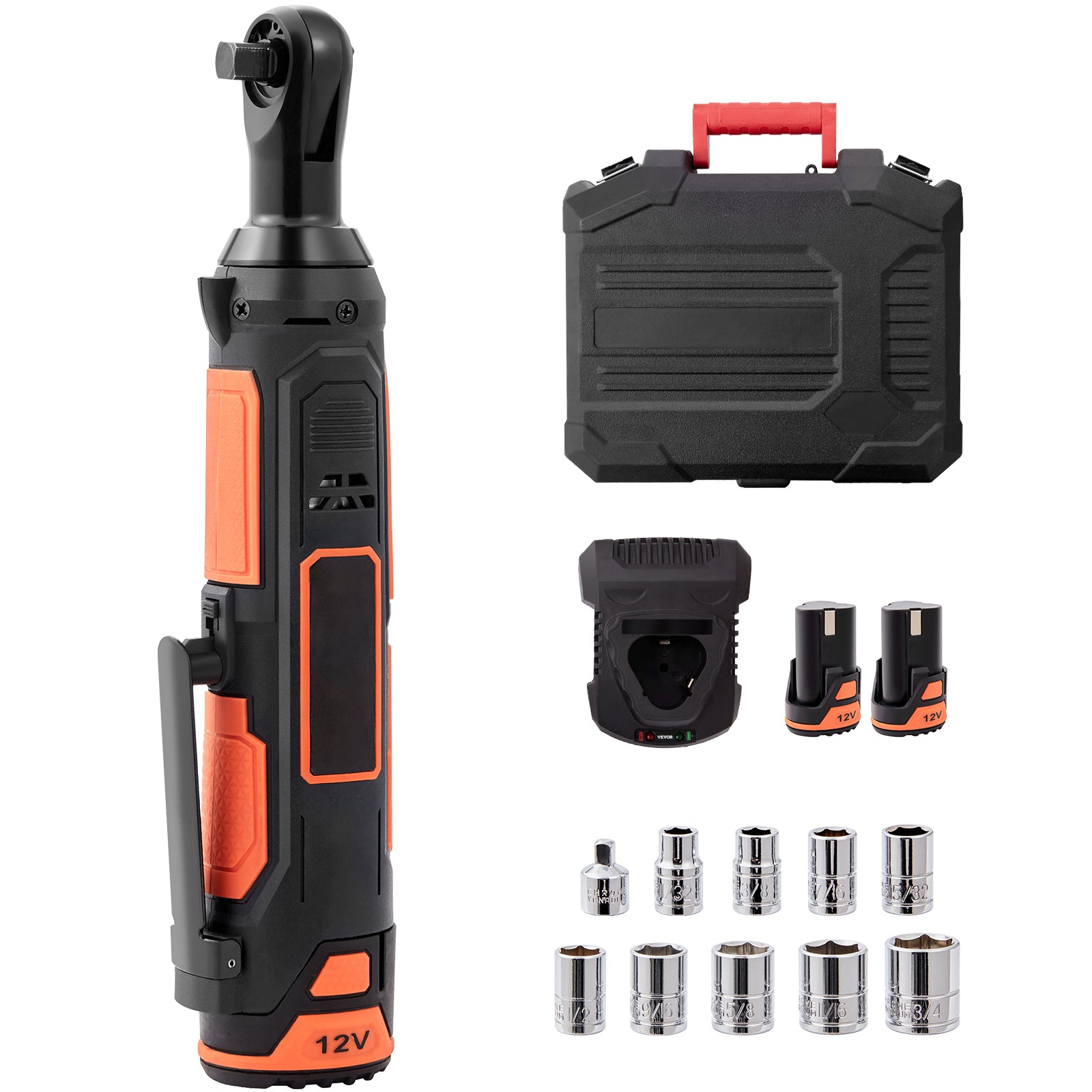 3/8" Cordless Electric Ratchet Wrench Set, 12V 33 Ft-lbs Power Ratchet Tool Kit, 45-Min Fast Charge, 2-Pack 2.0Ah Battery, Built-in LED Light, Variable Speed Trigger, 10 Sockets