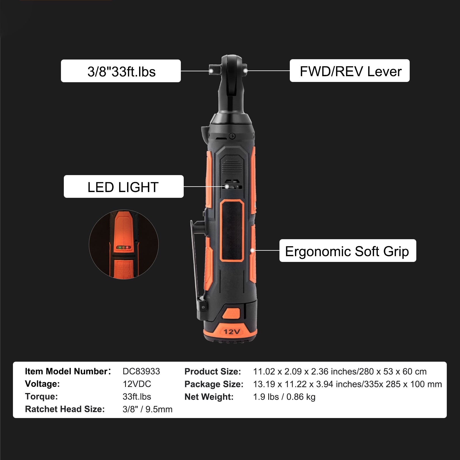 3/8" Cordless Electric Ratchet Wrench Set, 12V 33 Ft-lbs Power Ratchet Tool Kit, 45-Min Fast Charge, 2-Pack 2.0Ah Battery, Built-in LED Light, Variable Speed Trigger, 10 Sockets